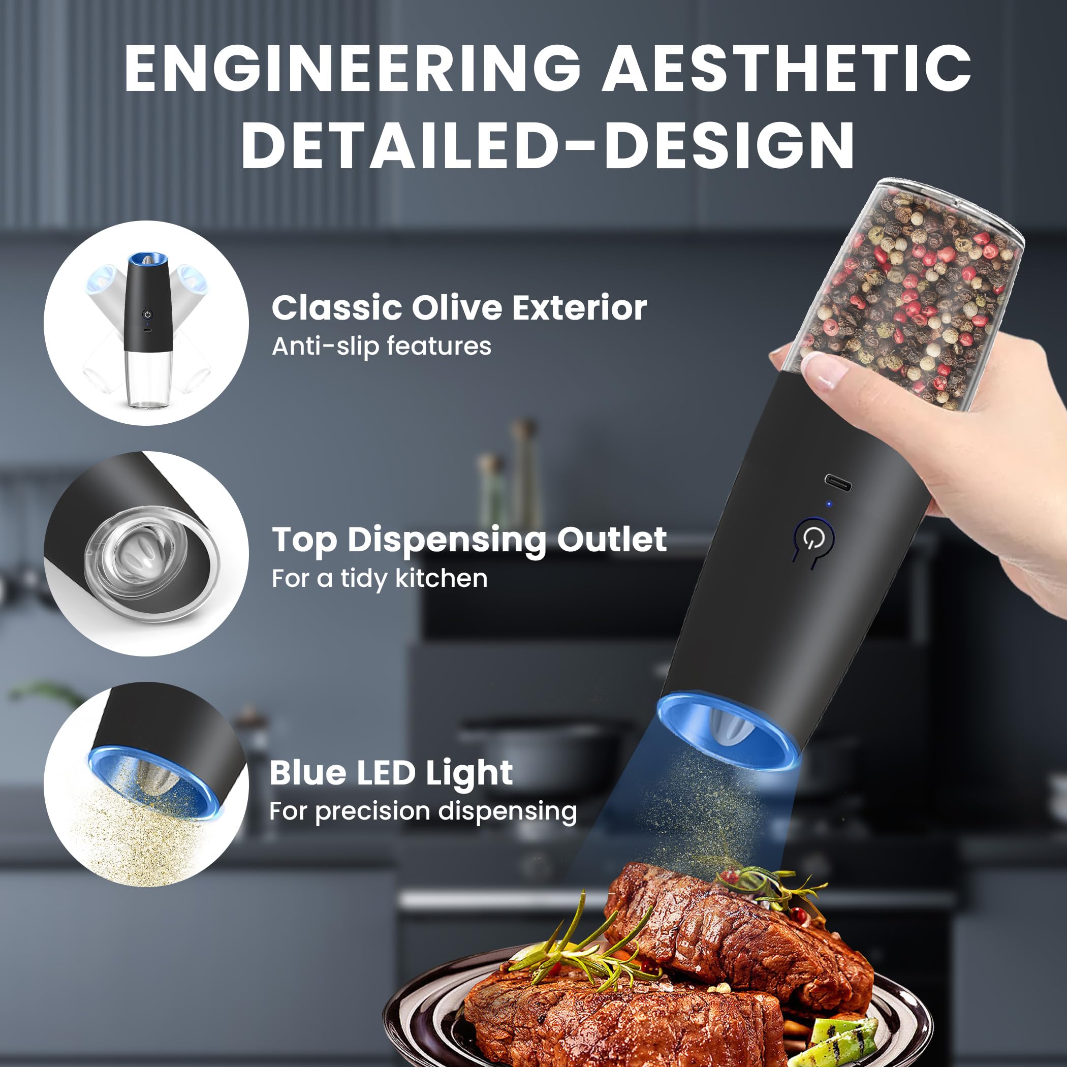UNNEES Gravity Electric Salt and Pepper Grinder set of 2, Automatic Salt And Pepper Grinder Set, Adjustable Roughness, Battery Powered, LED Light, 2 Pack, (Black)