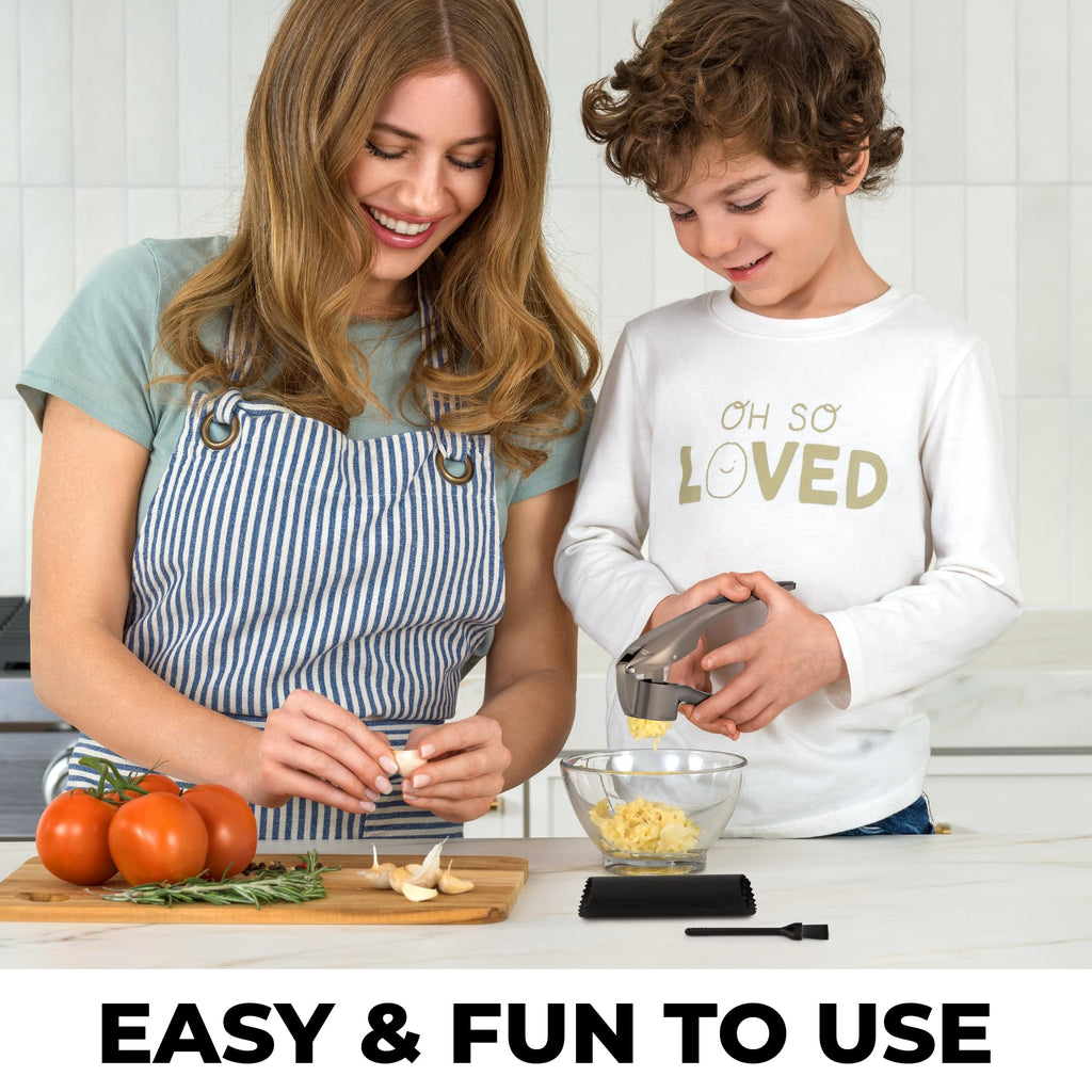 Zulay Kitchen Premium Garlic Press Set - Rust Proof Professional Garlic Mincer Tool - Easy-Squeeze, Easy-Clean with Soft, Ergonomic Handle - Silicone Garlic Peeler & Brush (Silver)