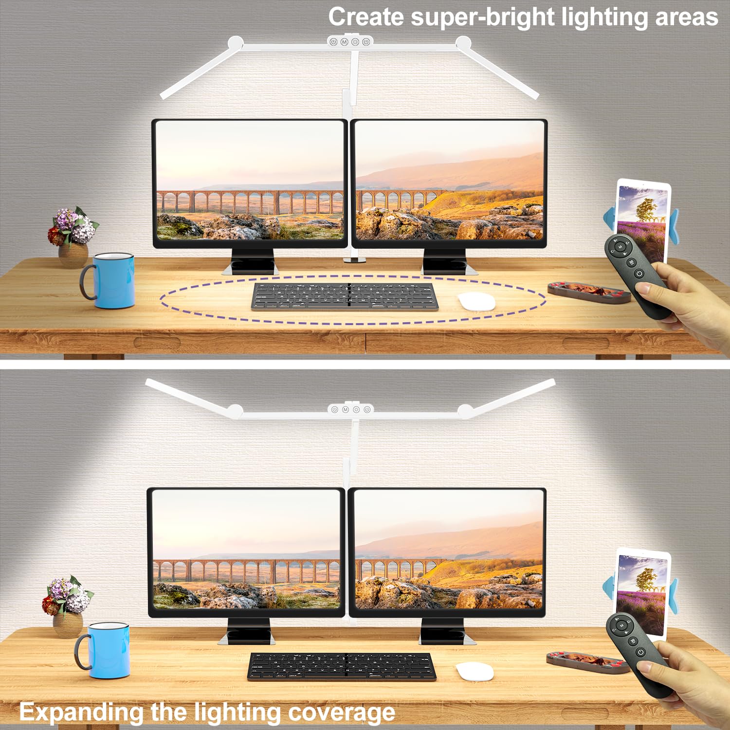Micomlan Led Desk Lamp with Clamp, Architect Desk Lamp for Home Office with Atmosphere Lighting, 24W Ultra Bright Auto Dimming Computer Light Stepless Dimming and Tempering LED Table Light