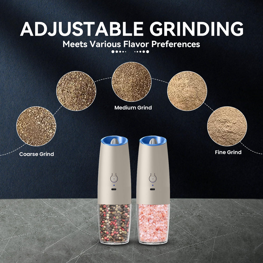 UNNEES Gravity Electric Salt and Pepper Grinder set of 2, Automatic Salt And Pepper Grinder Set, Adjustable Roughness, Battery Powered, LED Light, 2 Pack, (Black)