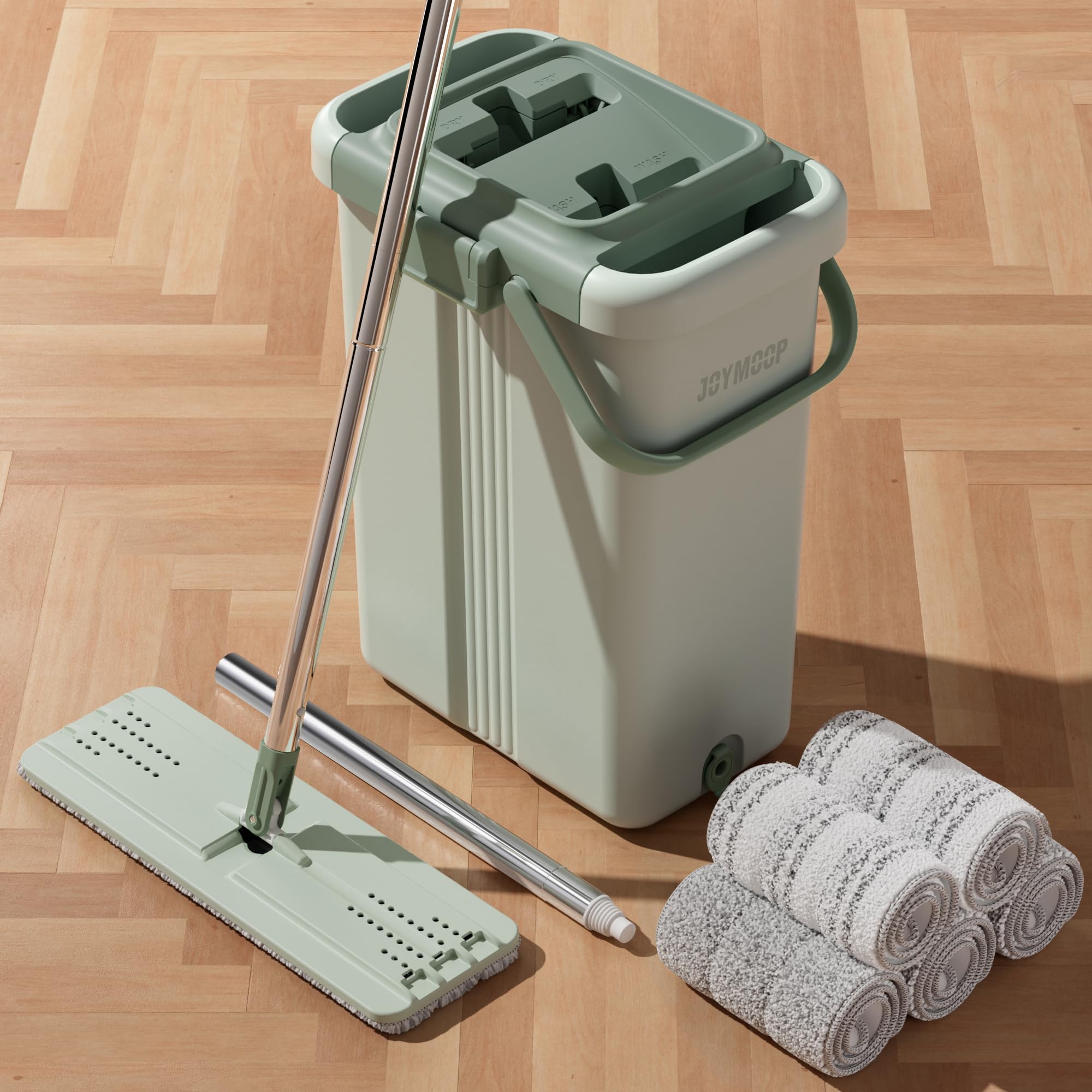 JOYMOOP Mop and Bucket Set, Flat Mops for Floor & Wall Cleaning, Commercial & Household Use, Hardwood Floor Mop with Long Handle & 4 Microfiber Pads