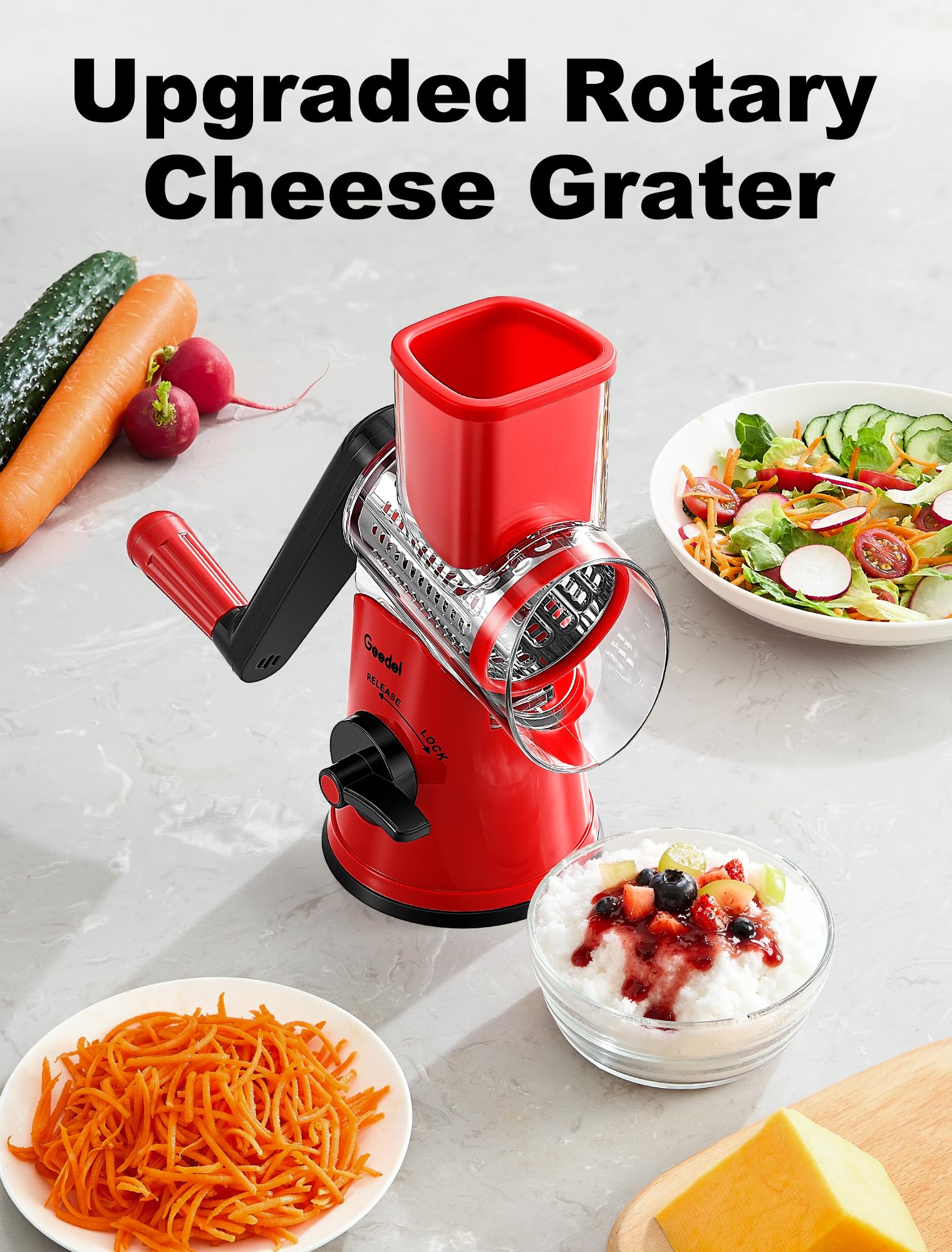 Geedel Rotary Cheese Grater, Kitchen Mandoline Vegetable Slicer with 3 Interchangeable Blades, Easy to Clean Grater for Fruit, Vegetables, Nuts