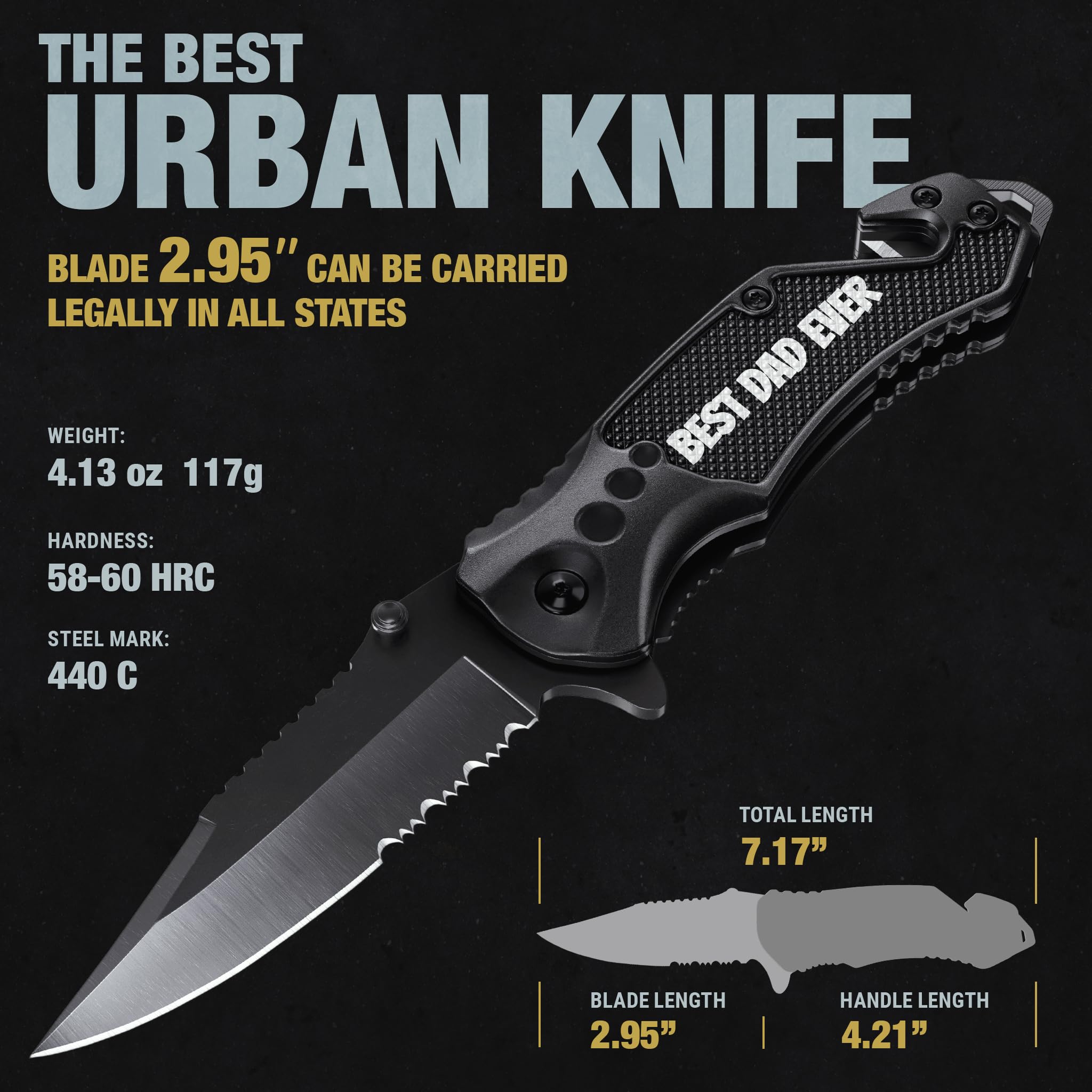 GOOD WORKER Legal Pocket Knife with 2.95” Serrated Blade, Glass Breaker, Seat Belt Cutter - EDC Sharp Folding Knives with Portable Clip - Small Tool for Tactical Camping Survival Hiking - Gifts for Men, Women