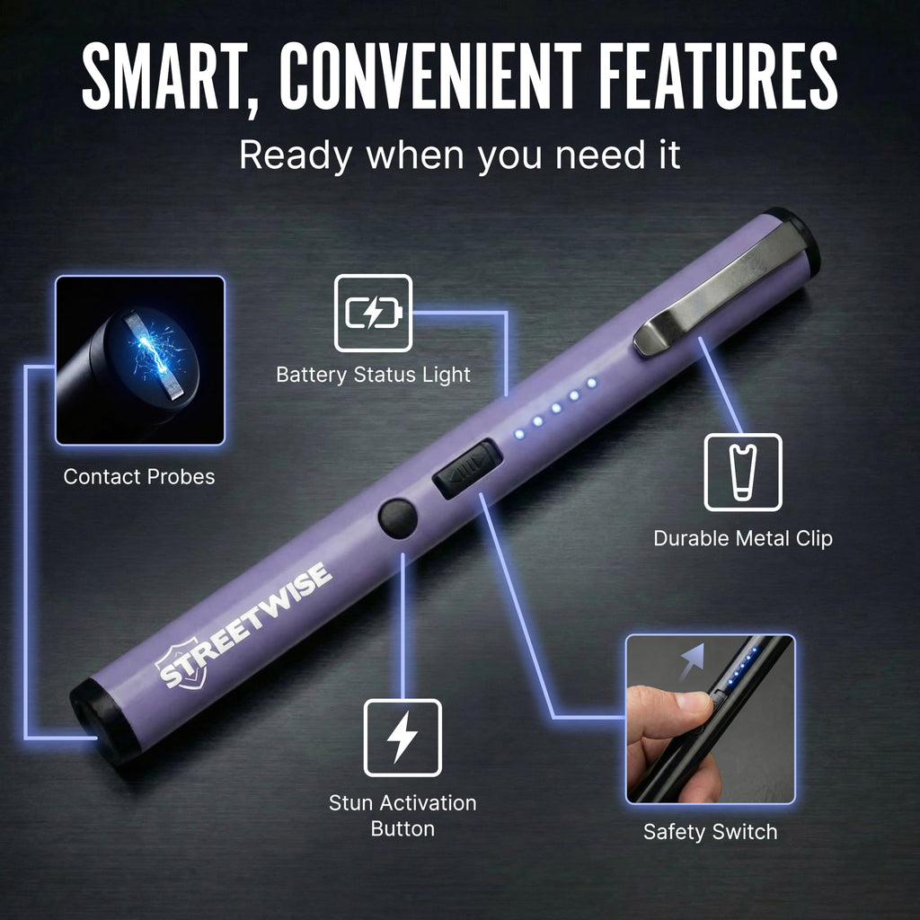 Streetwise Pain Pen 25,000,000 Volts Stun Gun for Self Protection - Tactical Stun Pen for Women and Men, USB Rechargeable, Battery Indicator, Durable Clip, Compact and Concealable for Protection