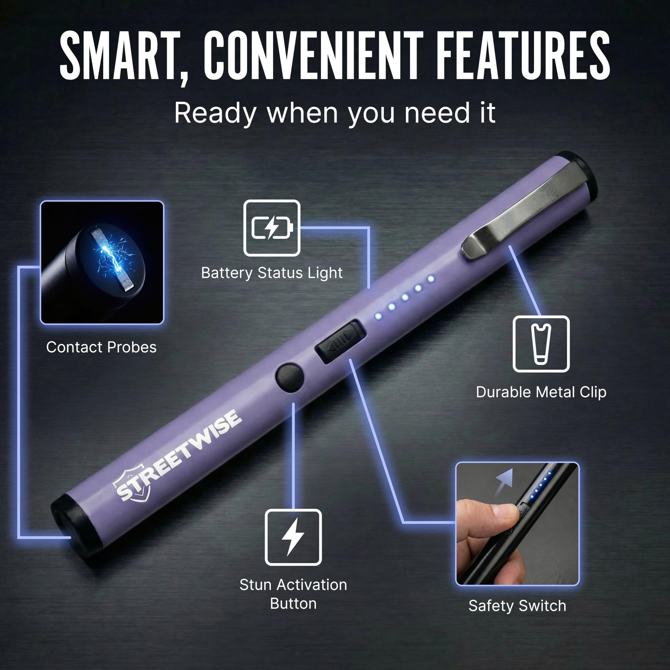 Streetwise Pain Pen 25,000,000 Volts Stun Gun for Self Protection - Tactical Stun Pen for Women and Men, USB Rechargeable, Battery Indicator, Durable Clip, Compact and Concealable for Protection