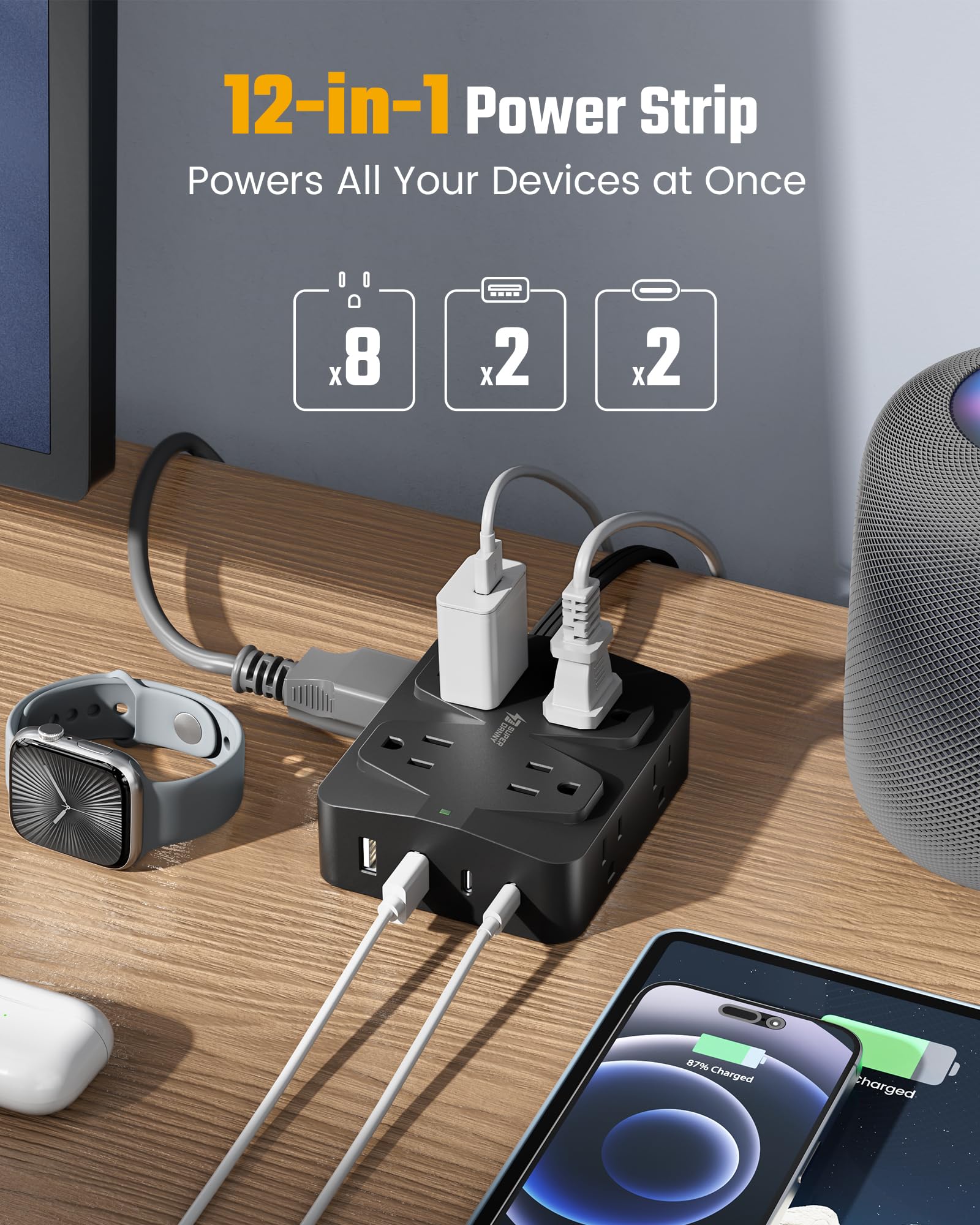 10Ft Extension Cord with Multiple Outlets, Flat Plug Surge Protector Power Strip 10 Ft Long Cord, 8 Outlets & 4 USB Ports (2 USB C), Desk Charging Station for Home Office, College Dorm Room Essentials