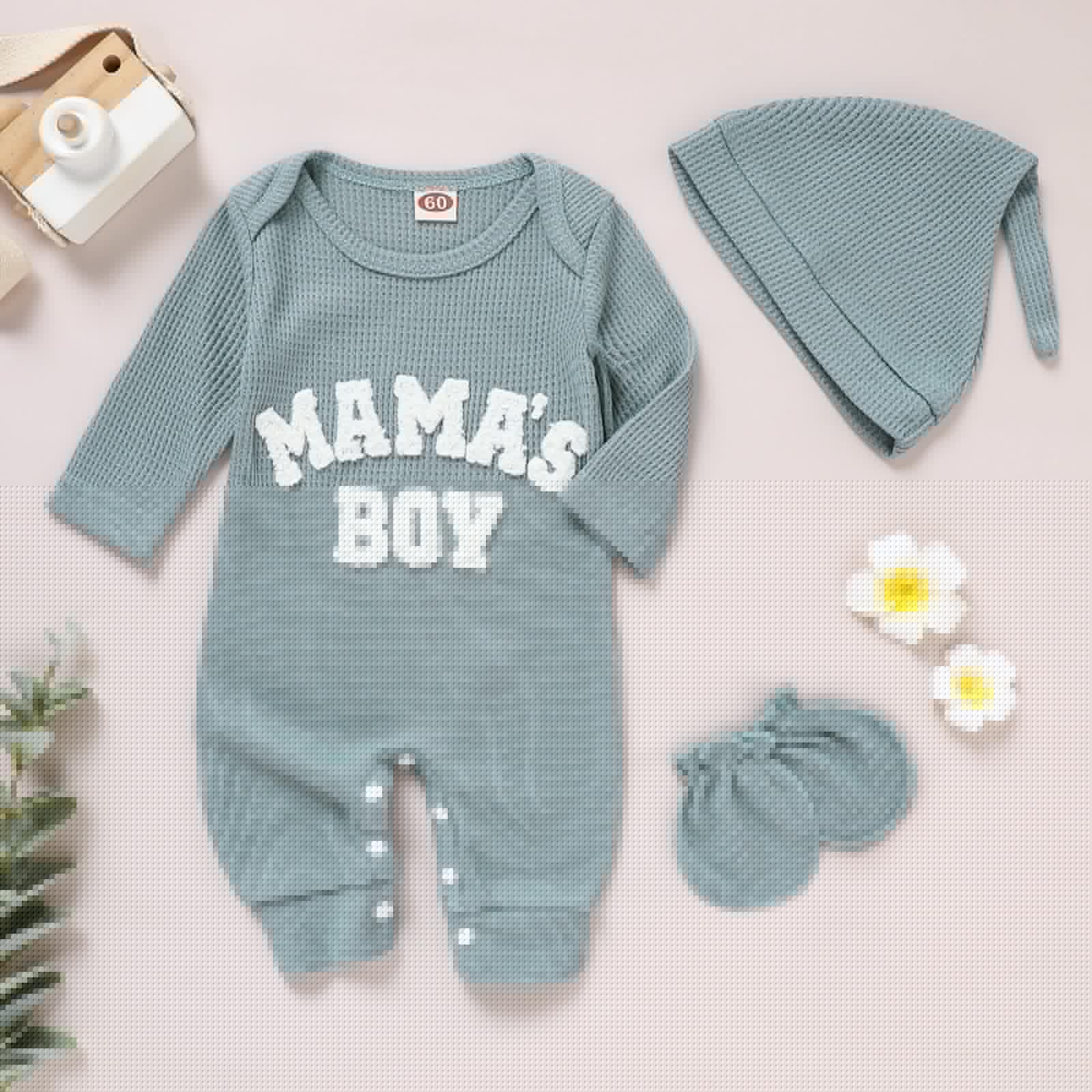 GRNSHTS Newborn Baby Boy Romper Coming Home Outfits Letter Print Bodysuit Jumpsuit+Hat+Gloves 3PCS Clothes Set
