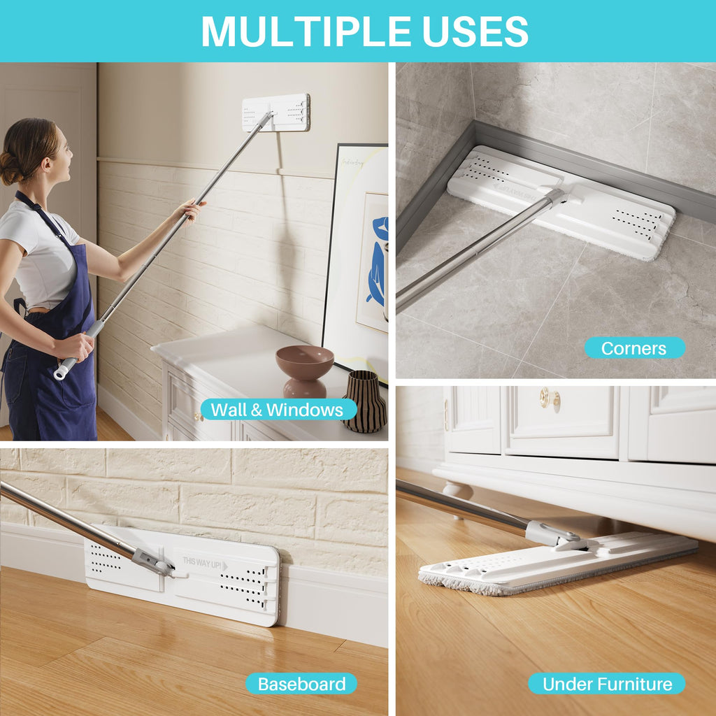 JOYMOOP Mop and Bucket Set, Flat Mops for Floor & Wall Cleaning, Commercial & Household Use, Hardwood Floor Mop with Long Handle & 4 Microfiber Pads