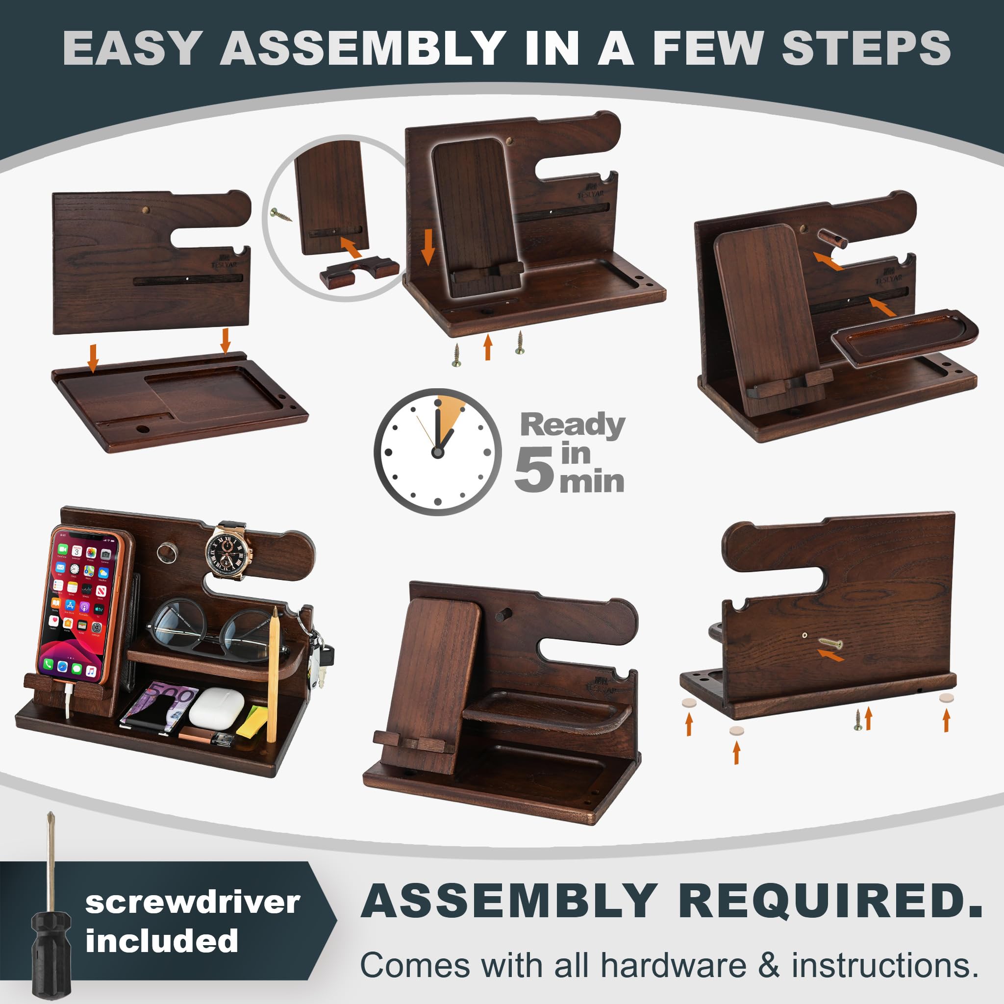 TESLYAR Wood Phone Docking Station for Men - Desk or Nightstand Organizer - Birthday Gifts for Husband, Dad - Anniversary Idea from Wife - Key Holder, Stand Wallet, Watch & Essentials (Bourbon Brown)