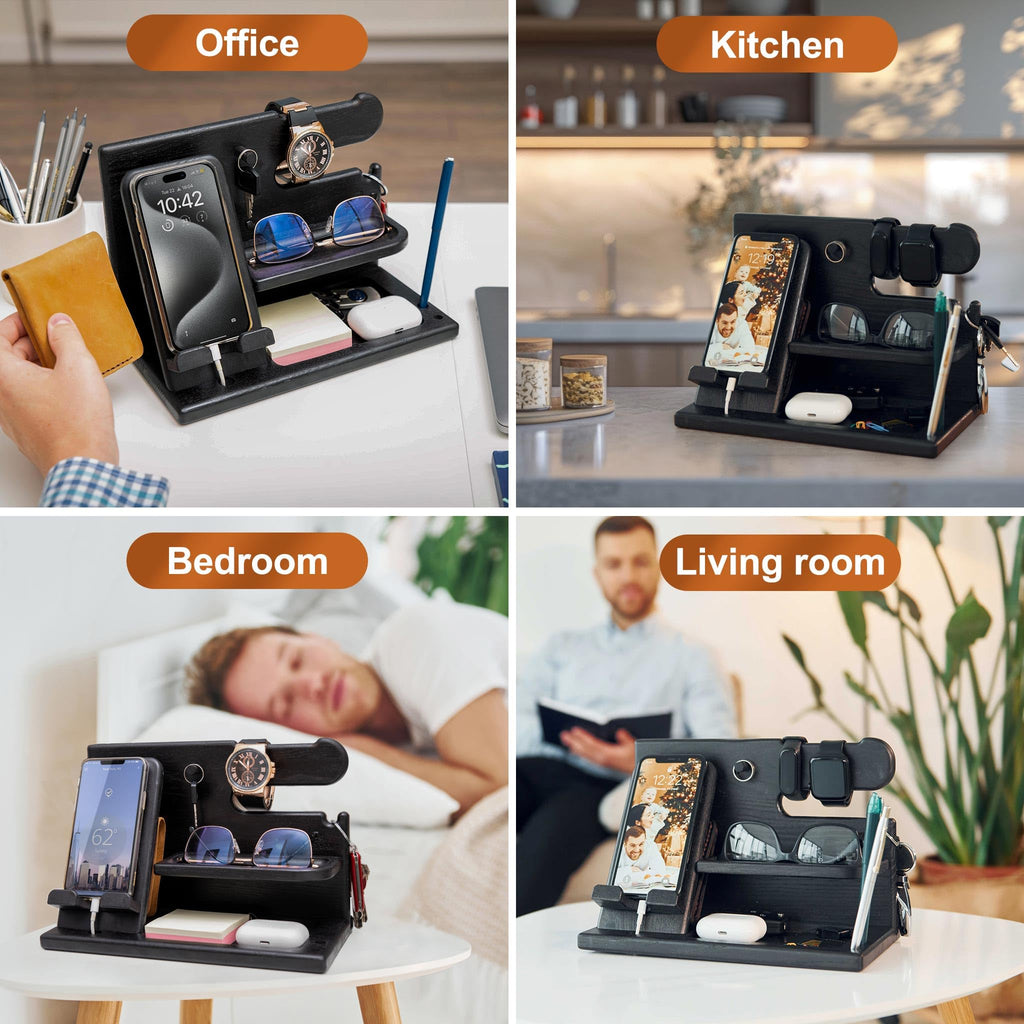 TESLYAR Wood Phone Docking Station for Men - Desk or Nightstand Organizer - Birthday Gifts for Husband, Dad - Anniversary Idea from Wife - Key Holder, Stand Wallet, Watch & Essentials (Bourbon Brown)