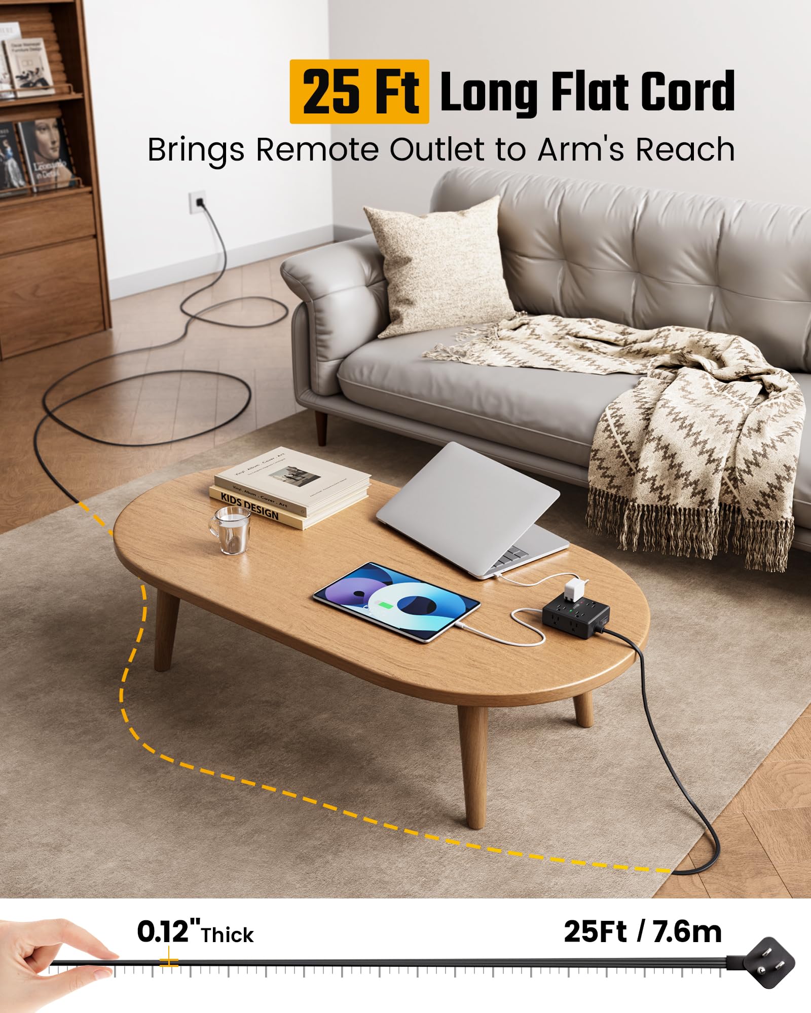 10Ft Extension Cord with Multiple Outlets, Flat Plug Surge Protector Power Strip 10 Ft Long Cord, 8 Outlets & 4 USB Ports (2 USB C), Desk Charging Station for Home Office, College Dorm Room Essentials