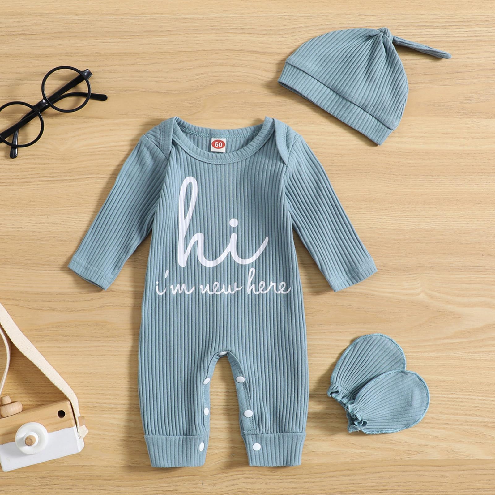 GRNSHTS Newborn Baby Boy Romper Coming Home Outfits Letter Print Bodysuit Jumpsuit+Hat+Gloves 3PCS Clothes Set