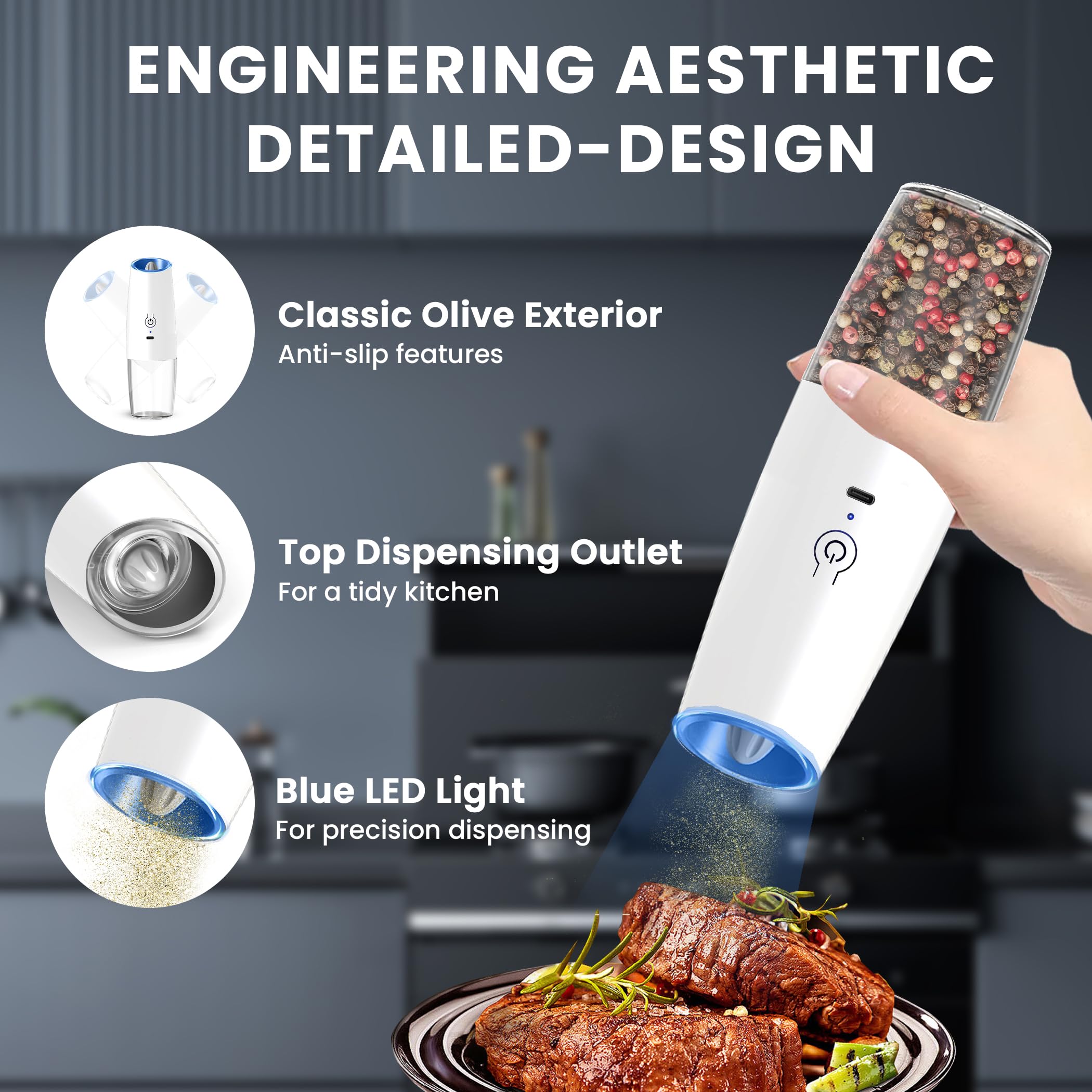 UNNEES Gravity Electric Salt and Pepper Grinder set of 2, Automatic Salt And Pepper Grinder Set, Adjustable Roughness, Battery Powered, LED Light, 2 Pack, (Black)