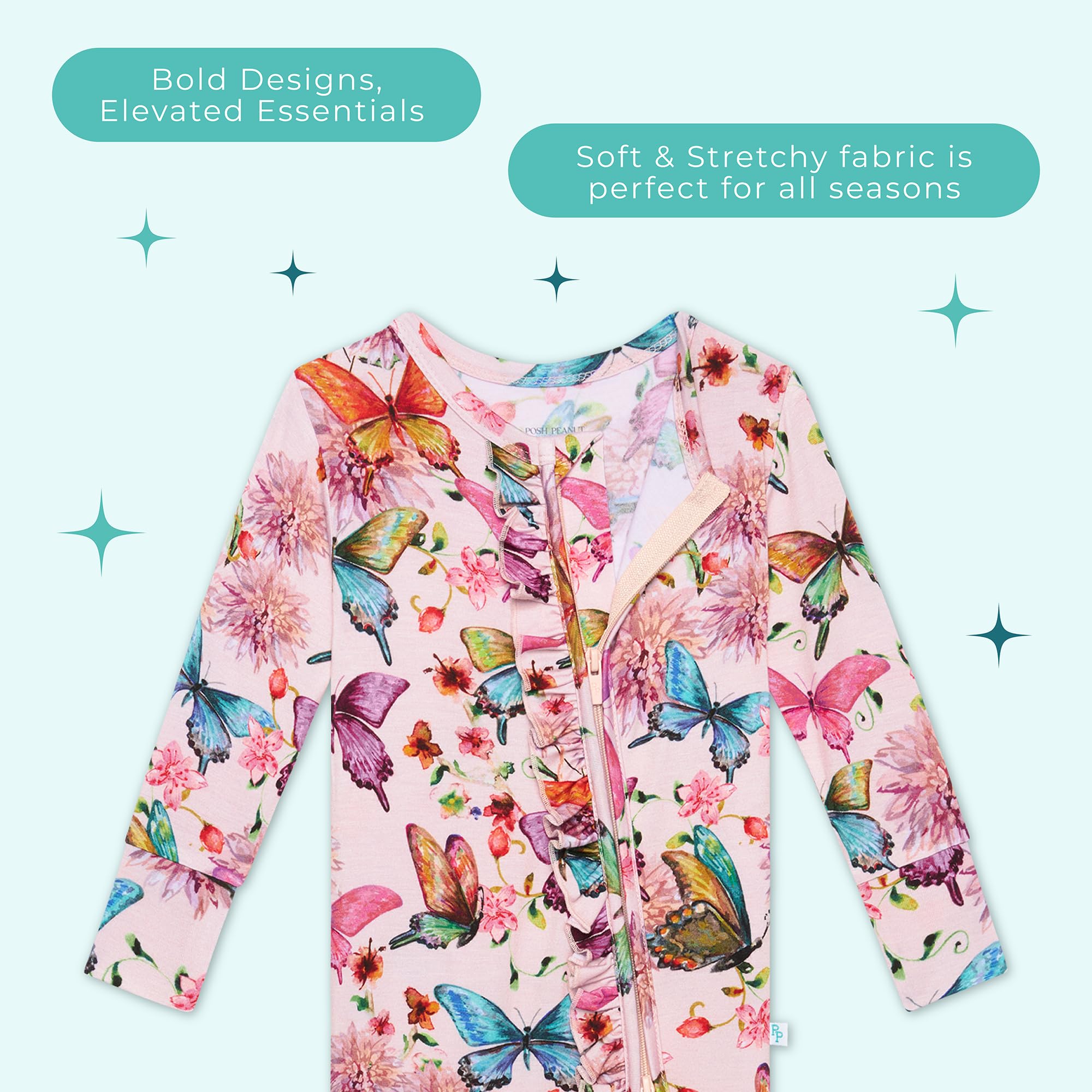 Posh Peanut Footie Pajamas for Baby Girls – Sleepers in Ultra-Soft Viscose from Bamboo with 2-Way Zipper & Ruffle Trim