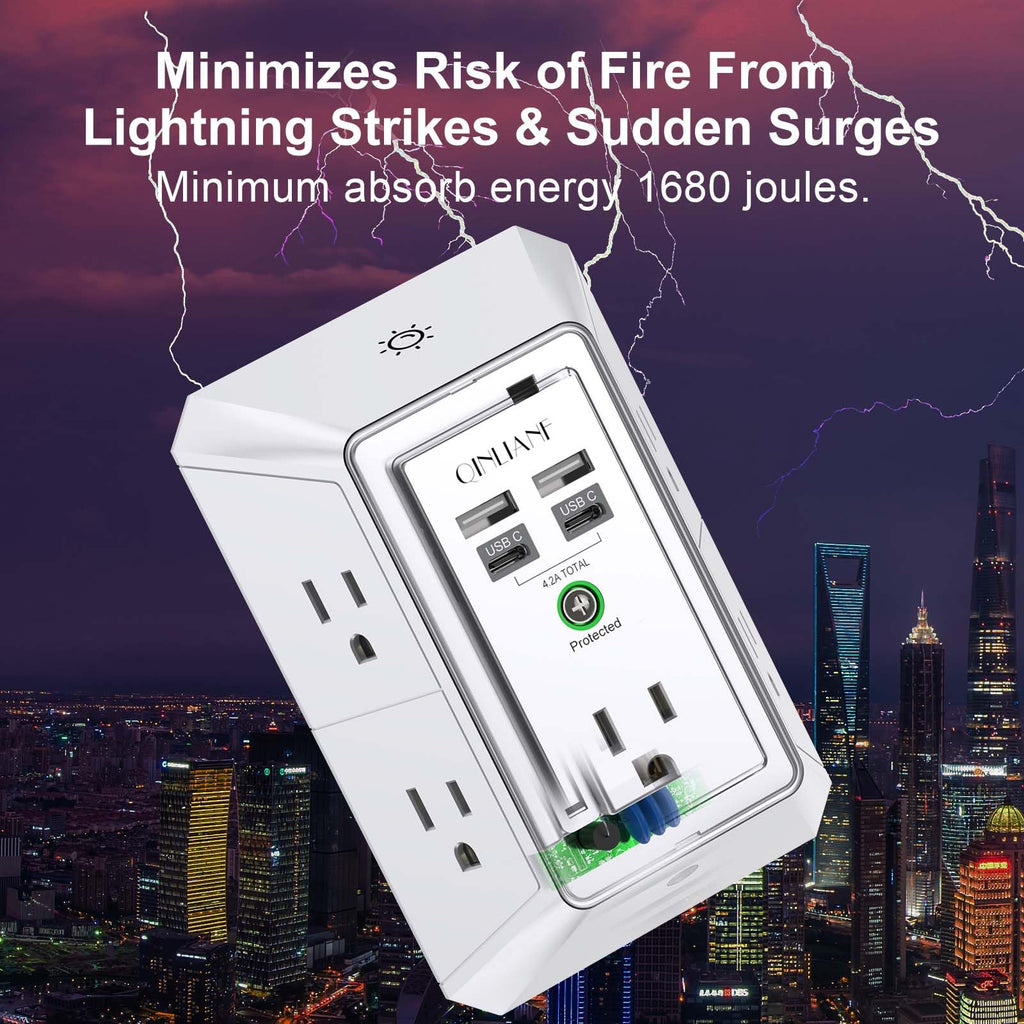Wall Charger, Surge Protector, QINLIANF 5 Outlet Extender with 4 USB Charging Ports, 3-Sided 1680J Power Strip Multi Plug Adapter Spaced for Home Travel Office