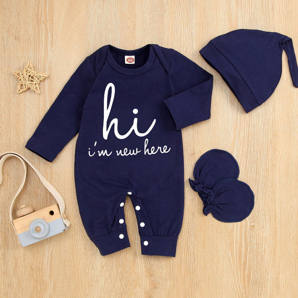 GRNSHTS Newborn Baby Boy Romper Coming Home Outfits Letter Print Bodysuit Jumpsuit+Hat+Gloves 3PCS Clothes Set