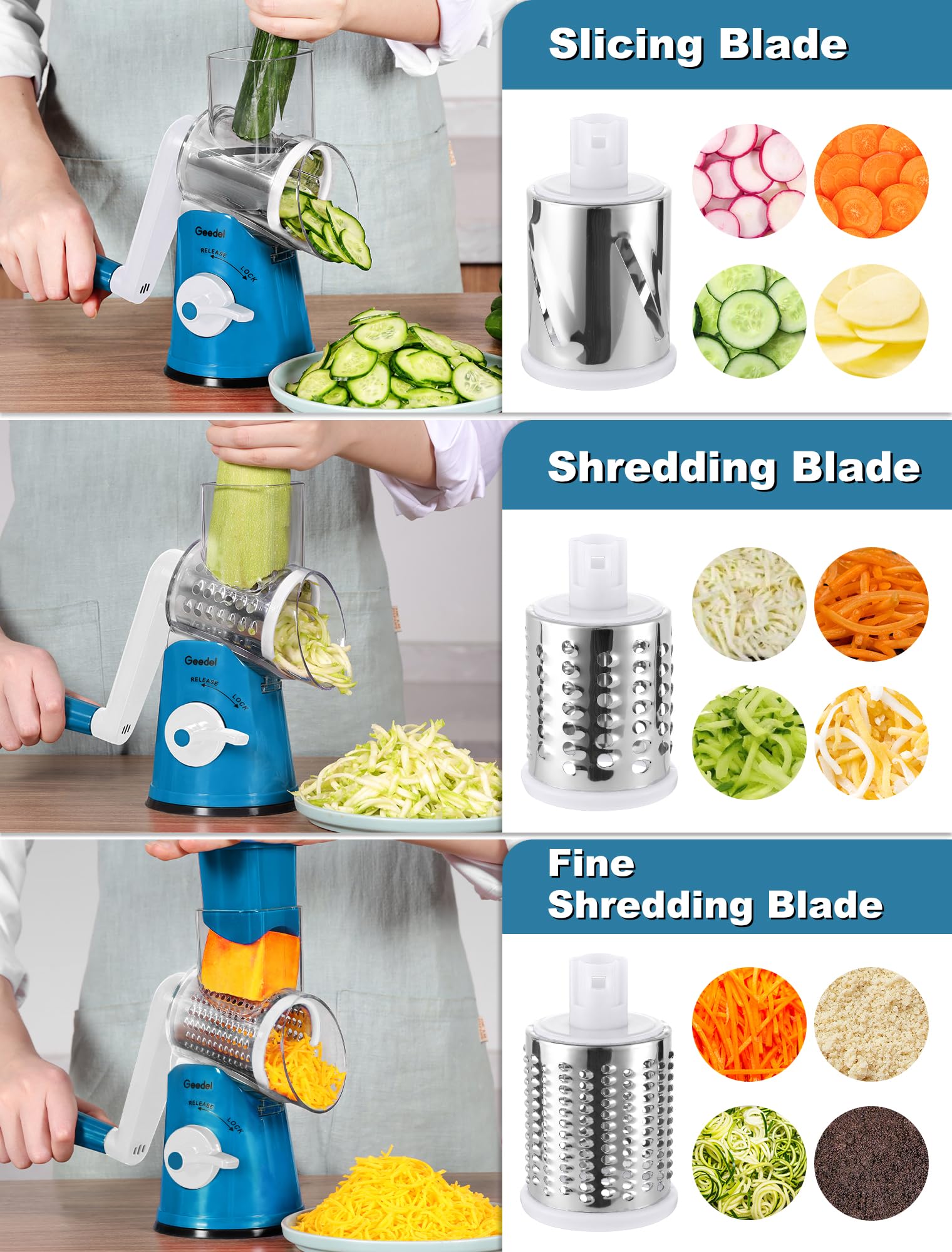 Geedel Rotary Cheese Grater, Kitchen Mandoline Vegetable Slicer with 3 Interchangeable Blades, Easy to Clean Grater for Fruit, Vegetables, Nuts