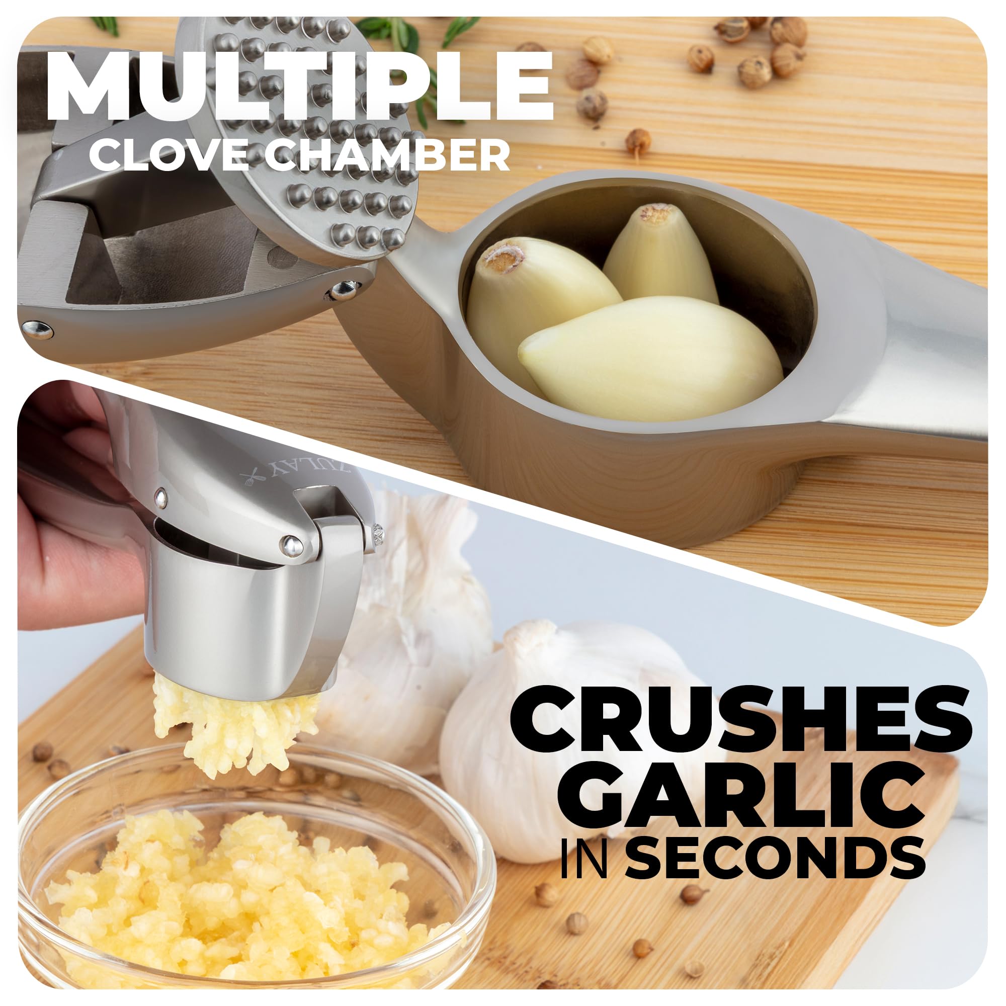 Zulay Kitchen Premium Garlic Press Set - Rust Proof Professional Garlic Mincer Tool - Easy-Squeeze, Easy-Clean with Soft, Ergonomic Handle - Silicone Garlic Peeler & Brush (Silver)