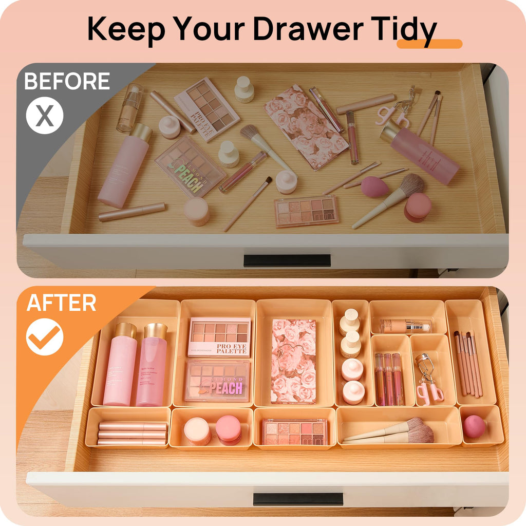 Vtopmart 25 PCS Clear Plastic Drawer Organizers Set, 4-Size Versatile Bathroom and Vanity Drawer Organizer Trays, Storage Bins for Makeup, Bedroom, Kitchen Gadgets Utensils and Office