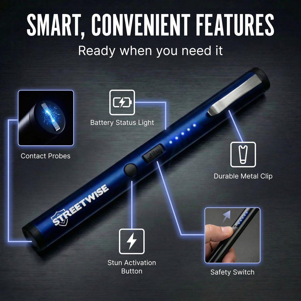 Streetwise Pain Pen 25,000,000 Volts Stun Gun for Self Protection - Tactical Stun Pen for Women and Men, USB Rechargeable, Battery Indicator, Durable Clip, Compact and Concealable for Protection
