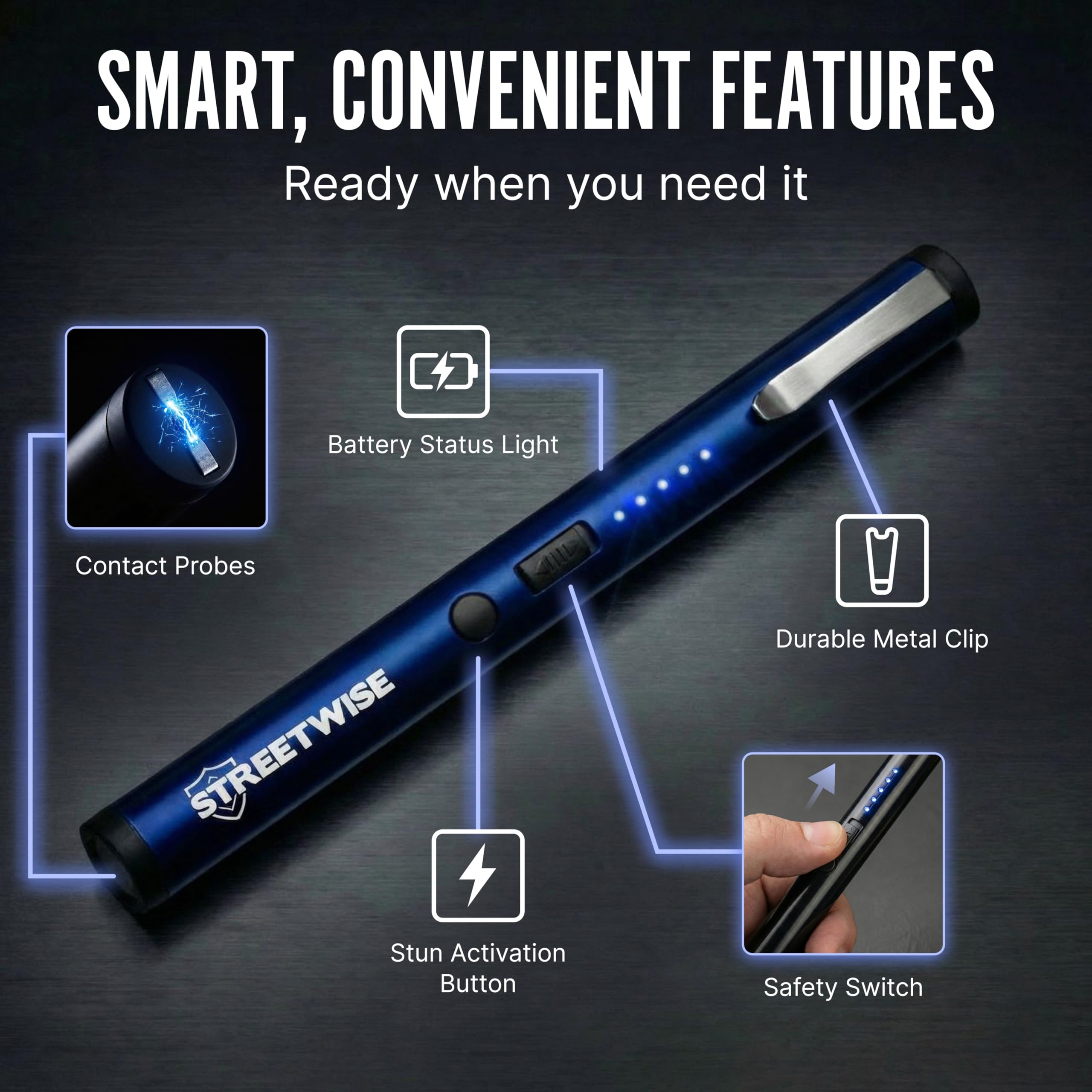 Streetwise Pain Pen 25,000,000 Volts Stun Gun for Self Protection - Tactical Stun Pen for Women and Men, USB Rechargeable, Battery Indicator, Durable Clip, Compact and Concealable for Protection