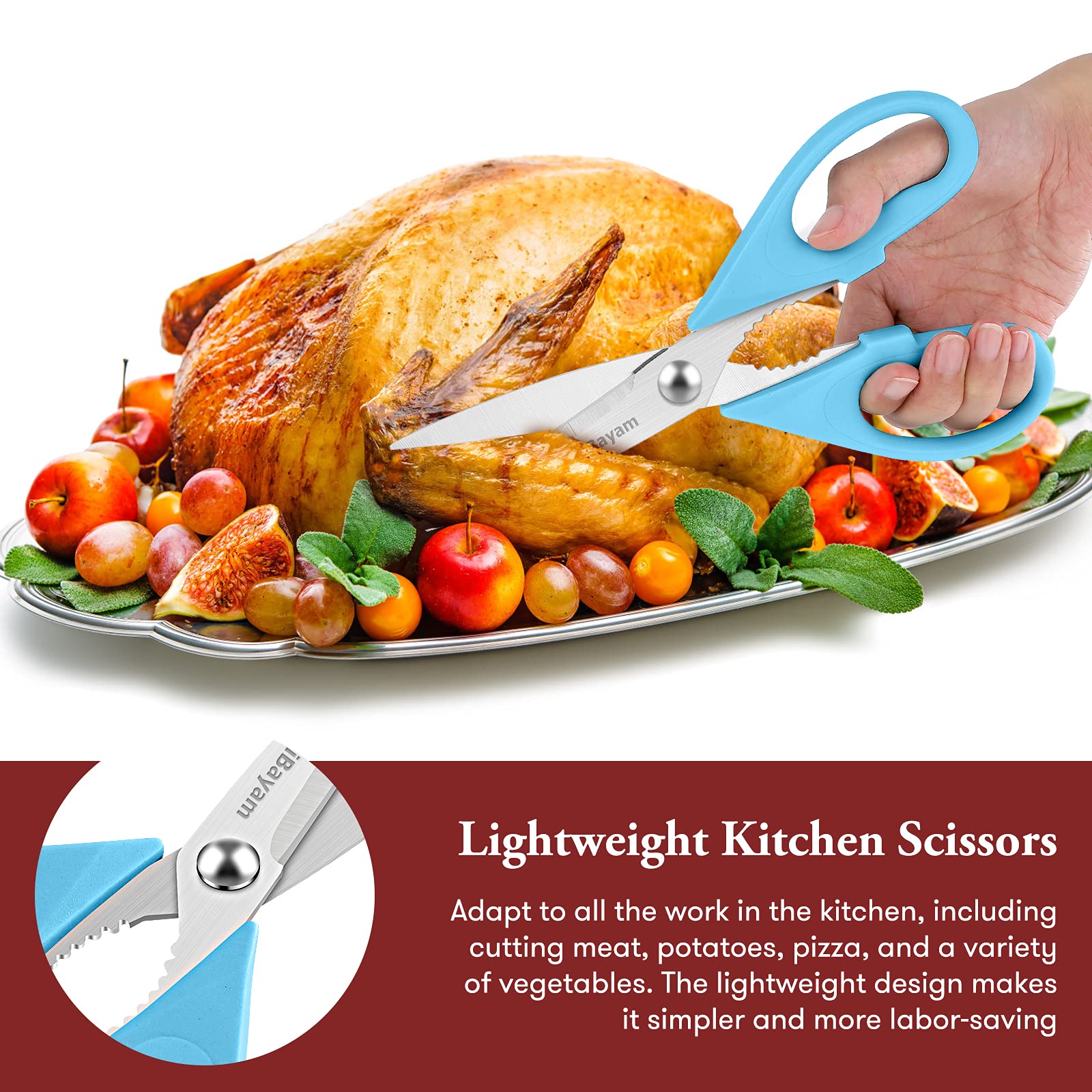 iBayam Kitchen Scissors All Purpose Heavy Duty 2 Pack with Protective Sheath, Stainless Steel Shears Kitchen Utensils Set for Cutting Food Cooking Meat Poultry Dishwasher Safe Soft Comfort-Grip