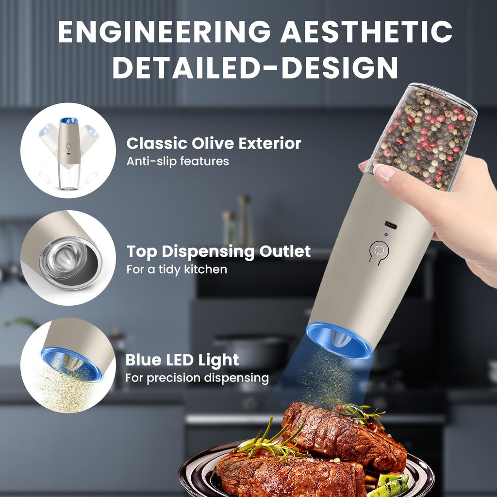 UNNEES Gravity Electric Salt and Pepper Grinder set of 2, Automatic Salt And Pepper Grinder Set, Adjustable Roughness, Battery Powered, LED Light, 2 Pack, (Black)