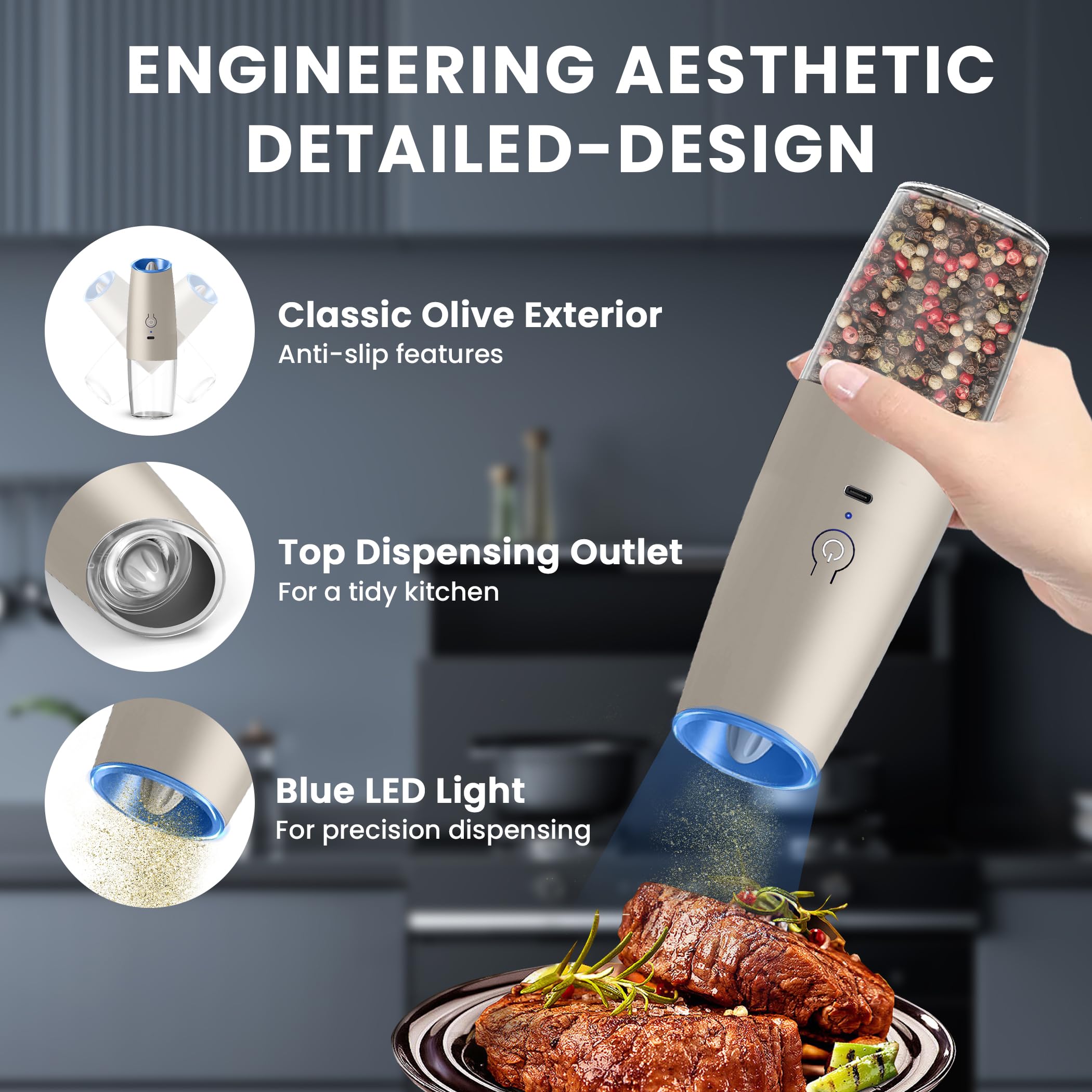 UNNEES Gravity Electric Salt and Pepper Grinder set of 2, Automatic Salt And Pepper Grinder Set, Adjustable Roughness, Battery Powered, LED Light, 2 Pack, (Black)