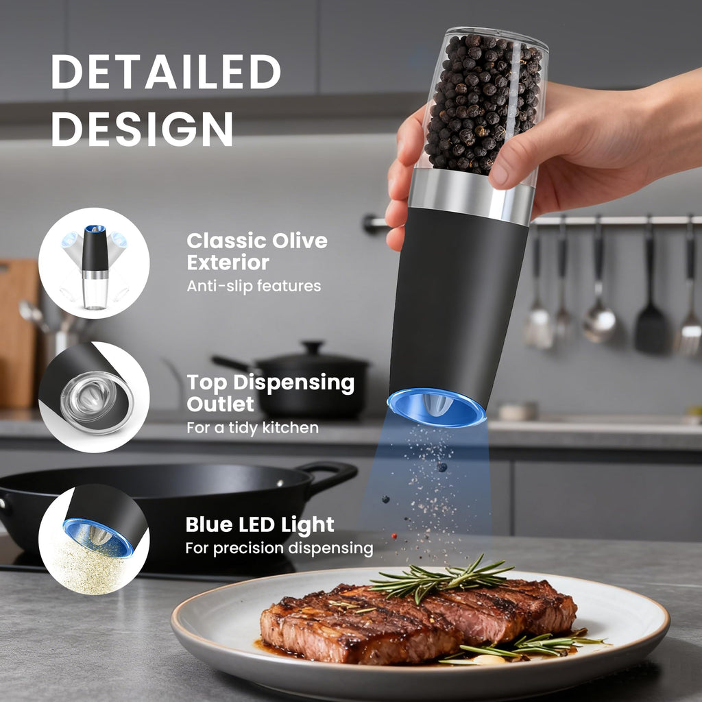 UNNEES Gravity Electric Salt and Pepper Grinder set of 2, Automatic Salt And Pepper Grinder Set, Adjustable Roughness, Battery Powered, LED Light, 2 Pack, (Black)
