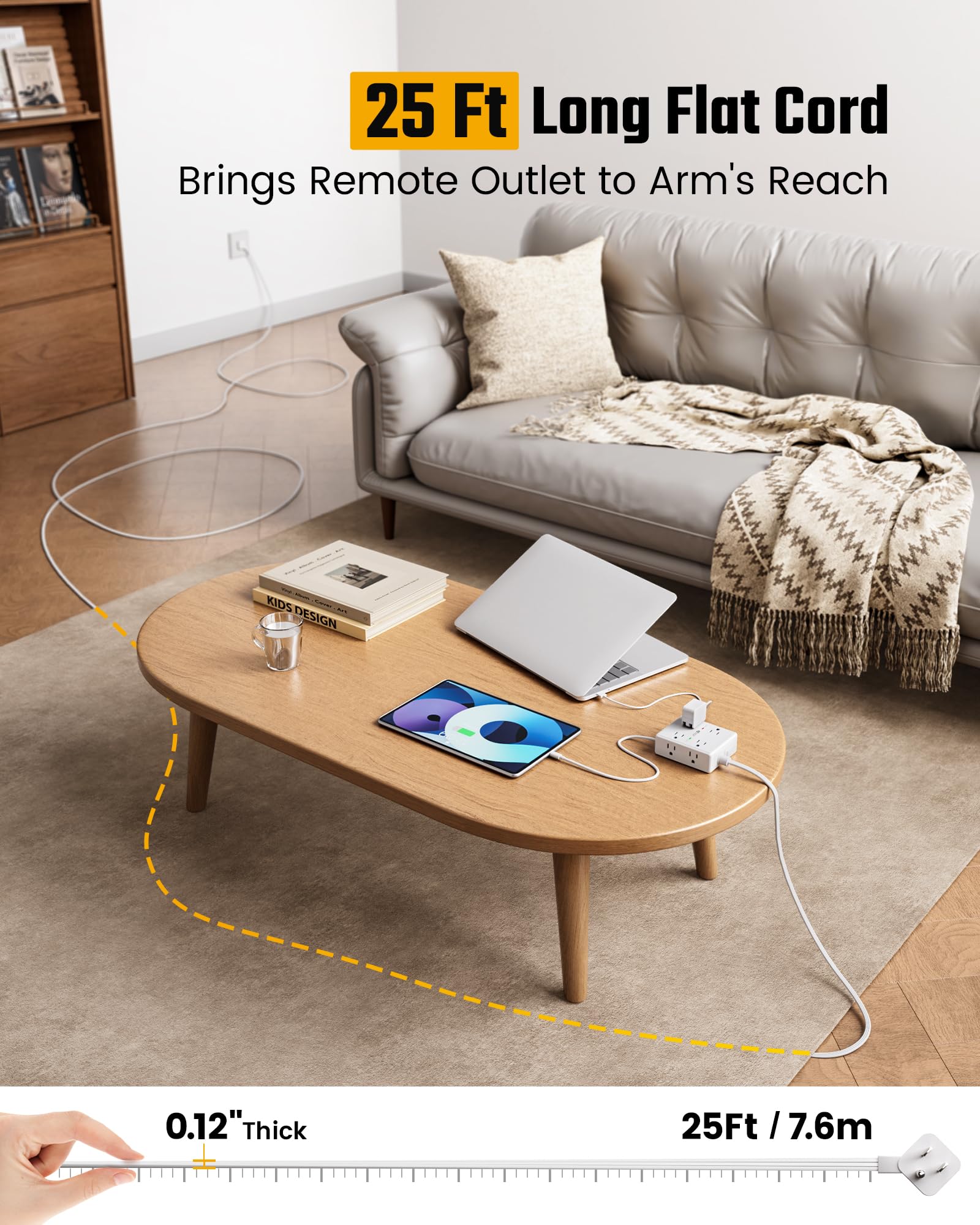 10Ft Extension Cord with Multiple Outlets, Flat Plug Surge Protector Power Strip 10 Ft Long Cord, 8 Outlets & 4 USB Ports (2 USB C), Desk Charging Station for Home Office, College Dorm Room Essentials