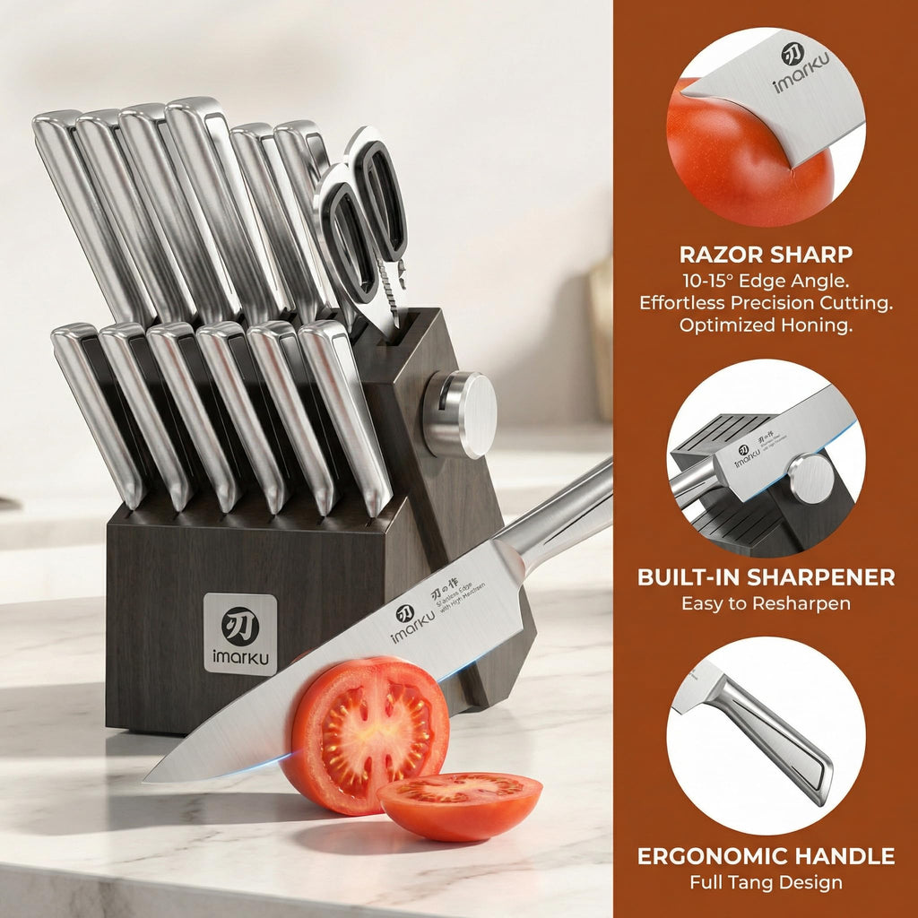 imarku 14-Piece Knife Set, Japanese Stainless Steel Knives Set for Kitchen, Full-Tang Gyutou Knife Sets with Block and Build-in Sharpener, Brown, Dishwasher Safe, House Warming Gifts for Mom