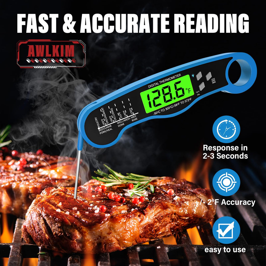 AWLKIM Meat Thermometer Digital - Instant Read Waterproof Food Thermometer with Backlight for Cooking, Grill, Candy, Kitchen & Stocking Stuffers for Men - Red