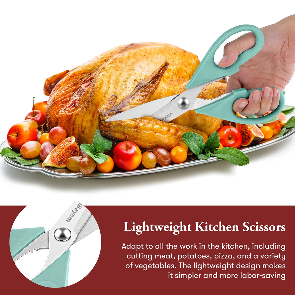 iBayam Kitchen Scissors All Purpose Heavy Duty 2 Pack with Protective Sheath, Stainless Steel Shears Kitchen Utensils Set for Cutting Food Cooking Meat Poultry Dishwasher Safe Soft Comfort-Grip