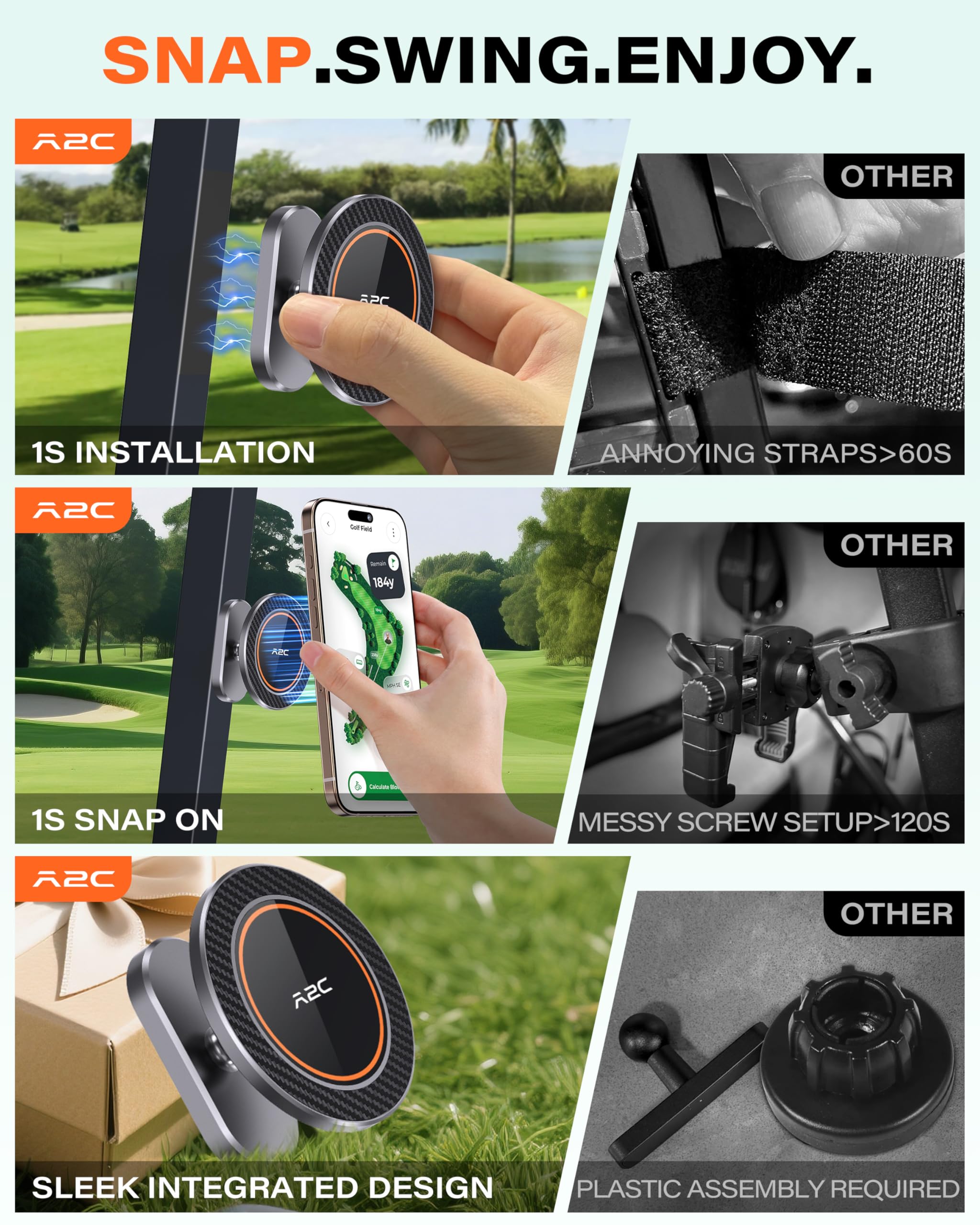A2C Alloy Magnetic Golf Cart Phone Holder for MagSafe iPhone, Unique Golf Gifts for Men Golfers Dad Father, Golf Gift for Him Husband, Golf Accessories Essentials Gadgets Fits EZGO, Club Car, Yamaha
