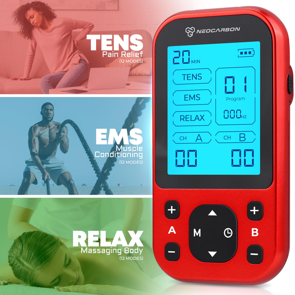 NEOCARBON TENS Unit Muscle Stimulator Pro for Back Pain Relief, Shoulder Recovery and Physical Therapy, Electronic EMS Massager Machine with PMS Pulse for Effective Shock Therapy, Red