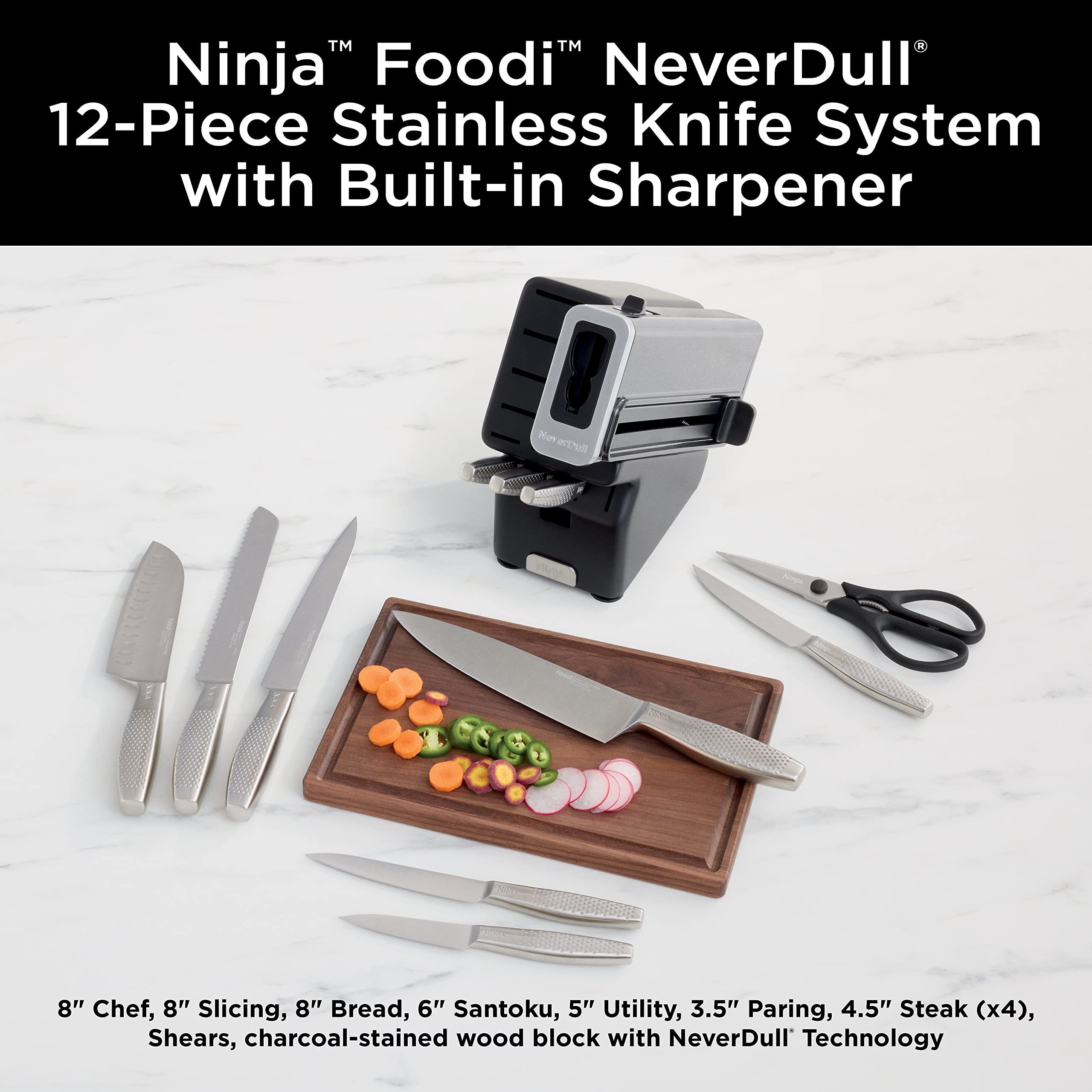 Ninja K32017 Foodi NeverDull Premium Knife System, 17 Piece Knife Block Set with Built-in Sharpener, German Stainless Steel Knives, Black
