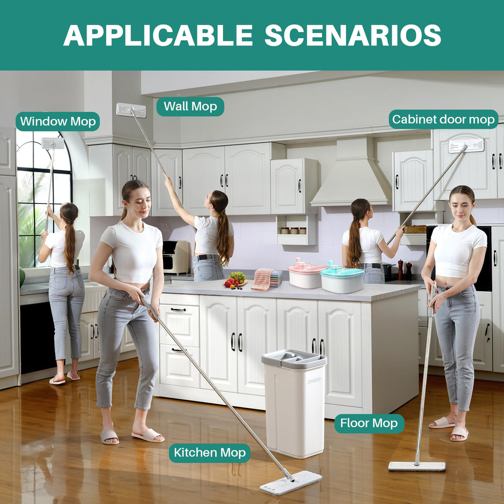 JOYMOOP Mop and Bucket Set, Flat Mops for Floor & Wall Cleaning, Commercial & Household Use, Hardwood Floor Mop with Long Handle & 4 Microfiber Pads