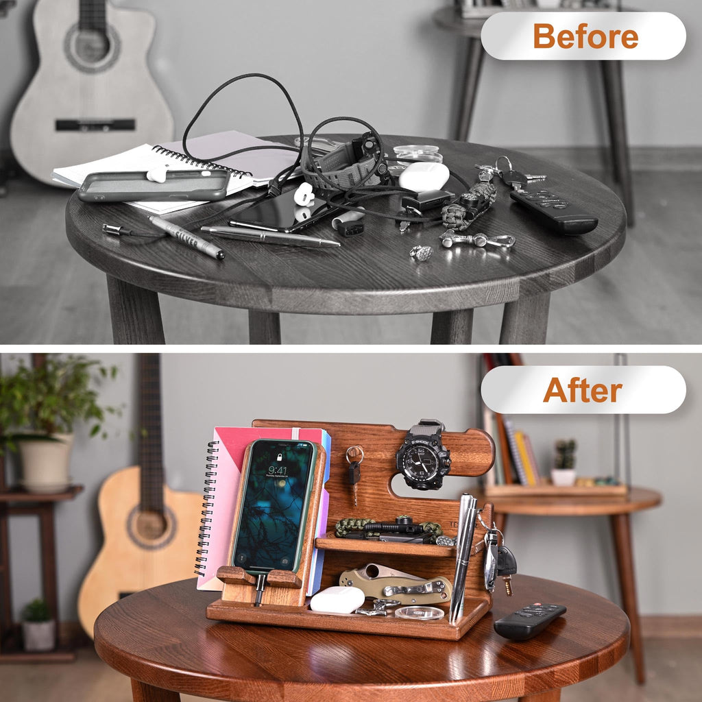 TESLYAR Wood Phone Docking Station for Men - Desk or Nightstand Organizer - Birthday Gifts for Husband, Dad - Anniversary Idea from Wife - Key Holder, Stand Wallet, Watch & Essentials (Bourbon Brown)