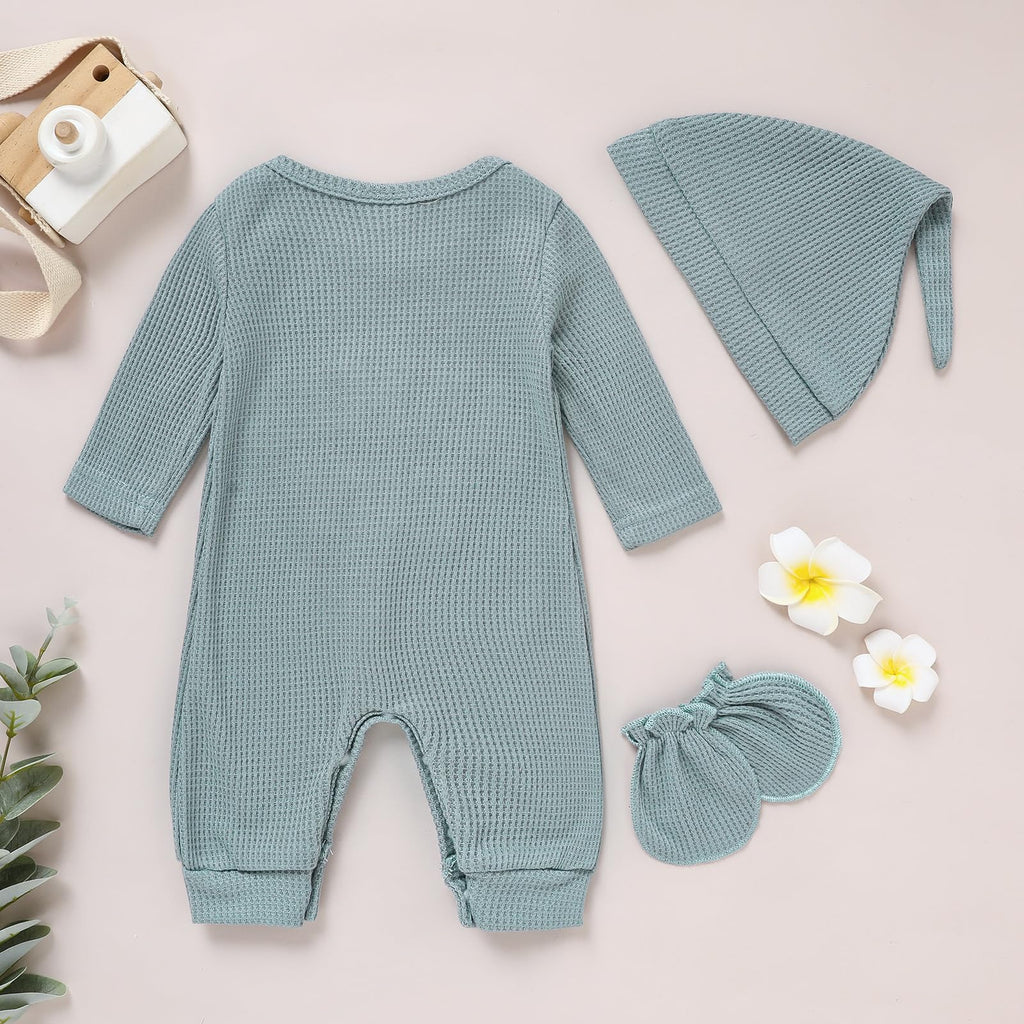 GRNSHTS Newborn Baby Boy Romper Coming Home Outfits Letter Print Bodysuit Jumpsuit+Hat+Gloves 3PCS Clothes Set