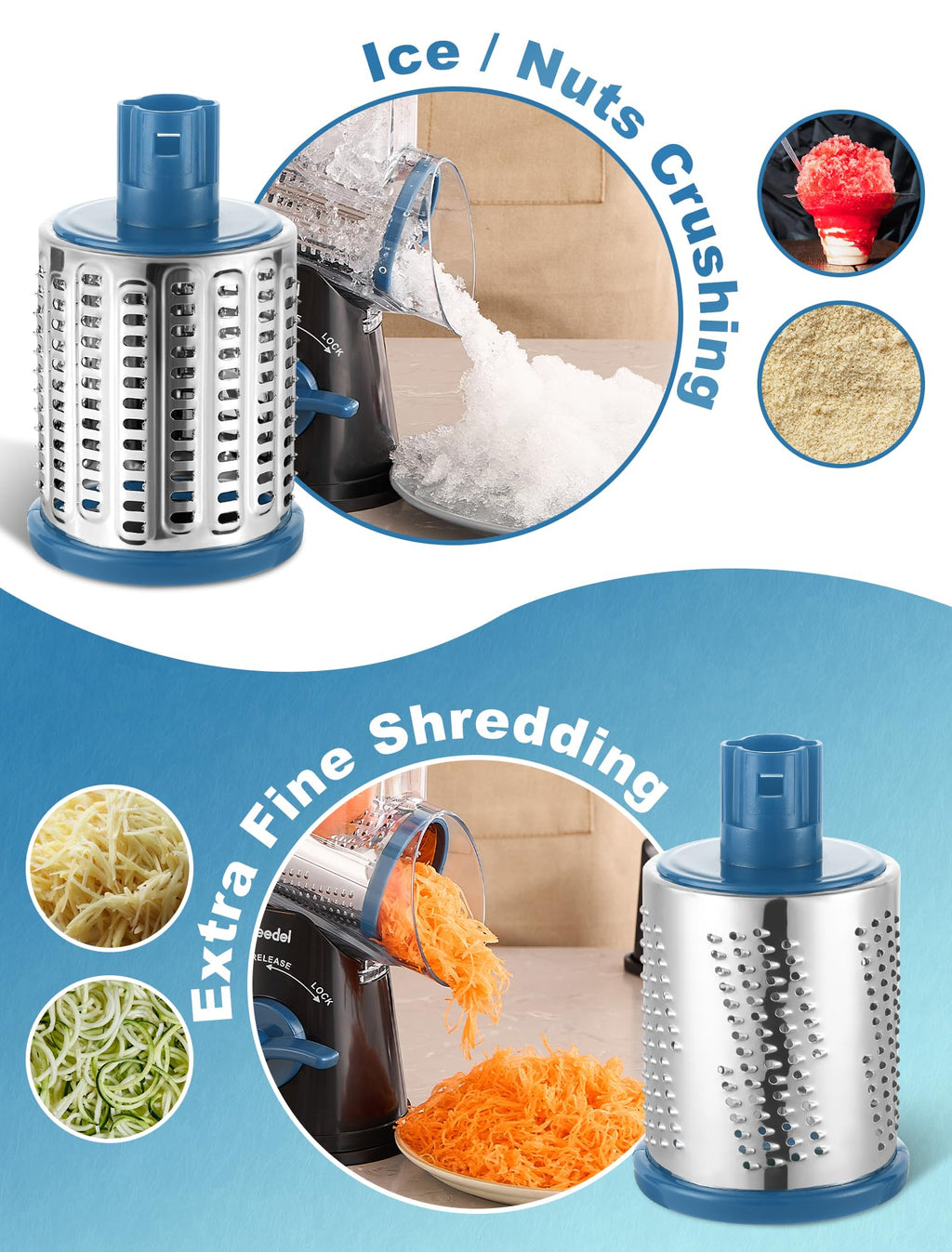 Geedel Rotary Cheese Grater, Kitchen Mandoline Vegetable Slicer with 3 Interchangeable Blades, Easy to Clean Grater for Fruit, Vegetables, Nuts