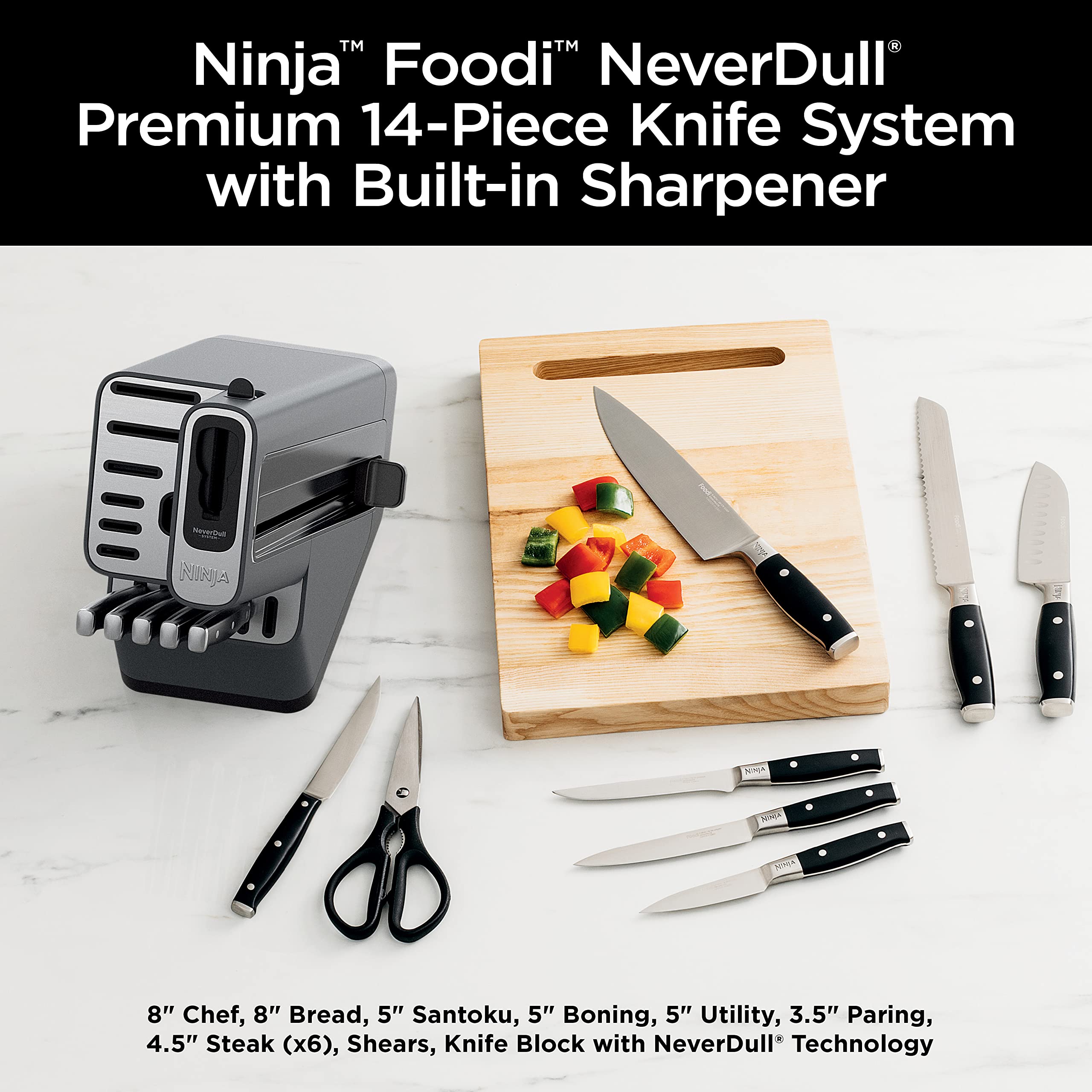 Ninja K32017 Foodi NeverDull Premium Knife System, 17 Piece Knife Block Set with Built-in Sharpener, German Stainless Steel Knives, Black