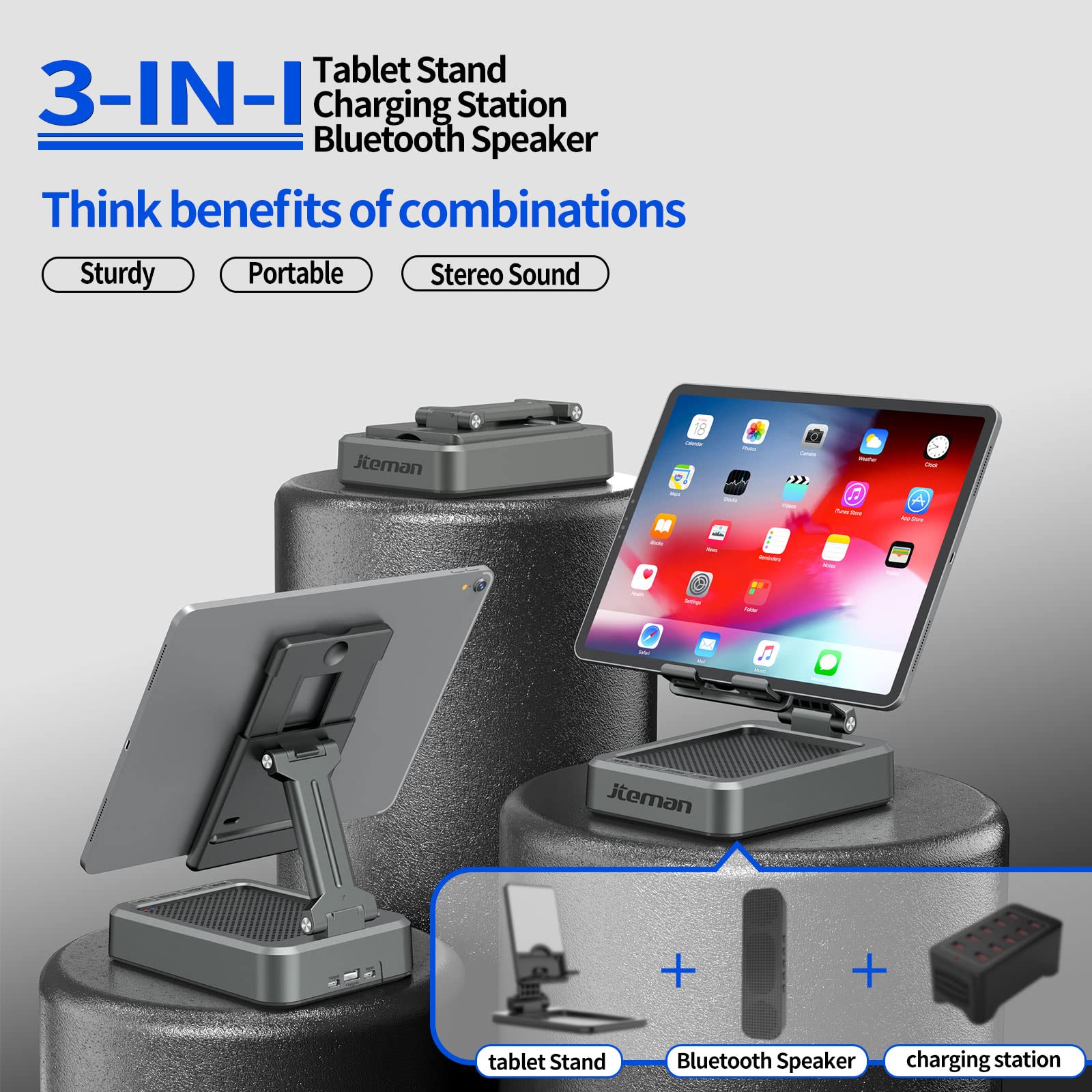 JTEMAN Cell Phone Stand with Bluetooth Speaker, HD Stereo Sound & Anti-Slip Base, Foldable Adjustable Desktop Phone Holder for Home Office, Cool Tech Gadgets Birthday Gifts for Men Women (Black)