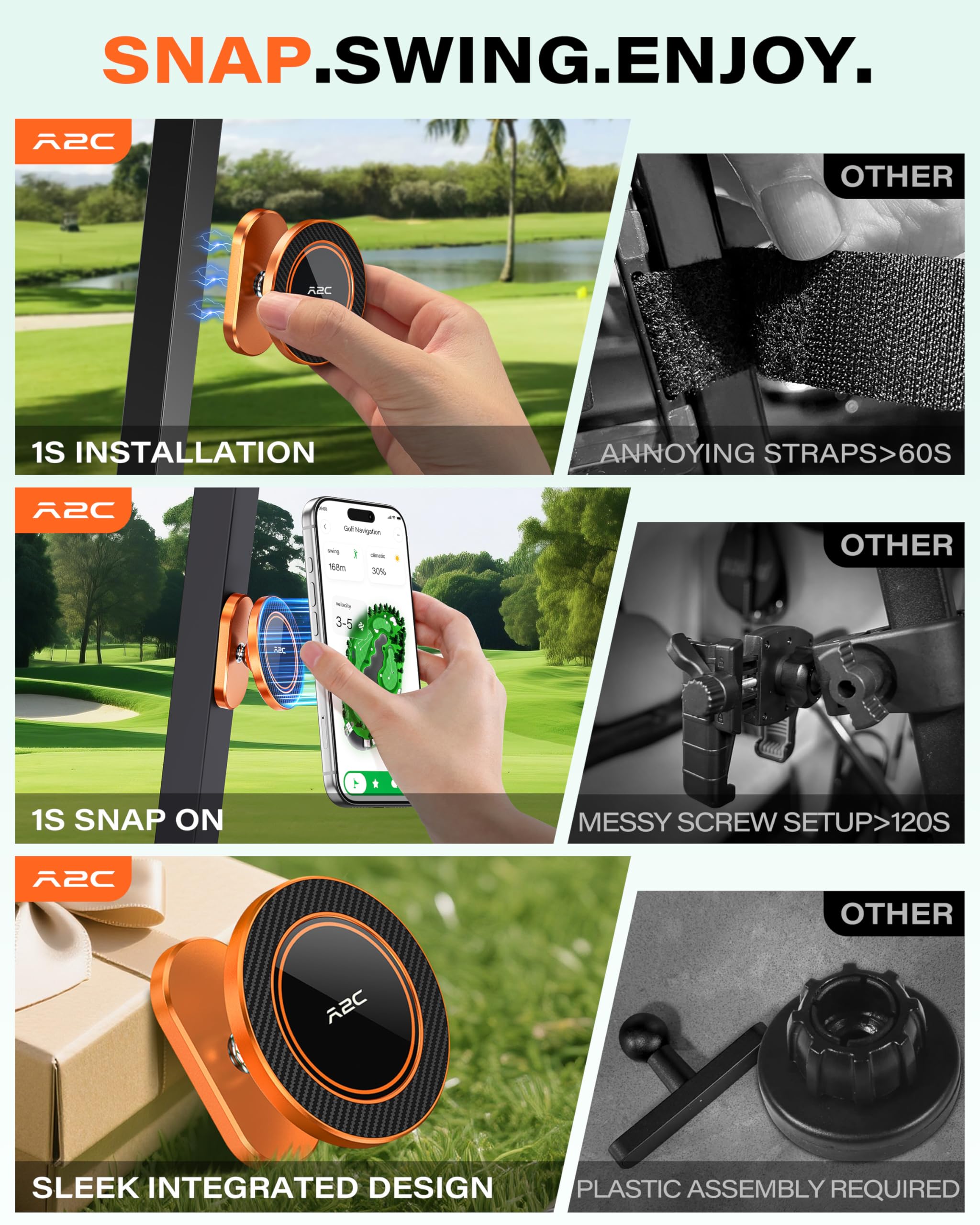 A2C Alloy Magnetic Golf Cart Phone Holder for MagSafe iPhone, Unique Golf Gifts for Men Golfers Dad Father, Golf Gift for Him Husband, Golf Accessories Essentials Gadgets Fits EZGO, Club Car, Yamaha