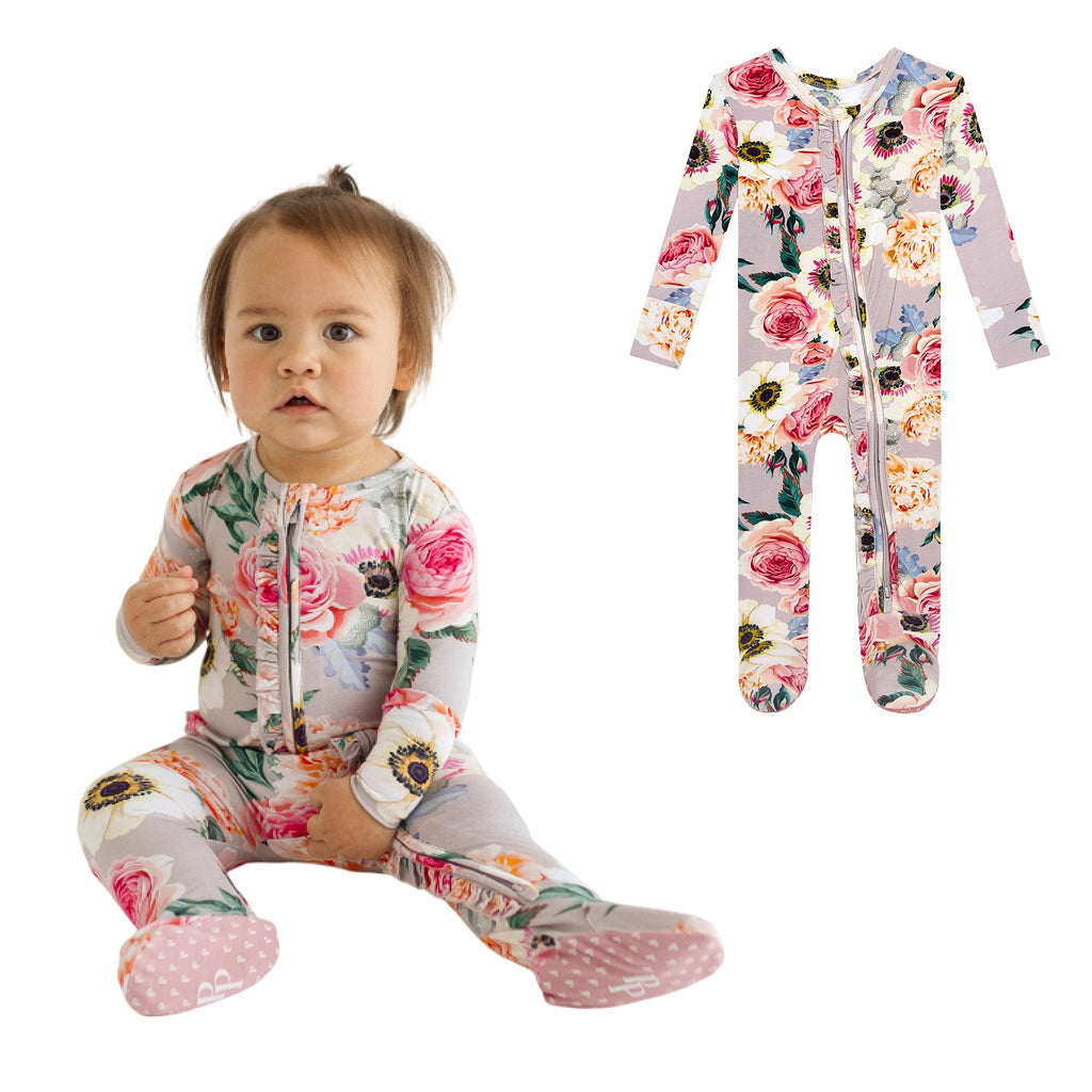 Posh Peanut Footie Pajamas for Baby Girls – Sleepers in Ultra-Soft Viscose from Bamboo with 2-Way Zipper & Ruffle Trim