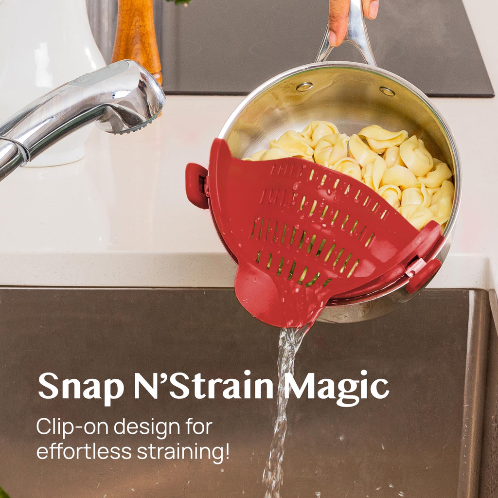 Kitchen Gizmo Snap N' Strain - Silicone Pasta Strainer Clip-On for Pots and Pans - Heat Resistant Colander for Vegetables and Noodles - Kitchen Gadgets for Cooking - Space-Saving Design - Gray