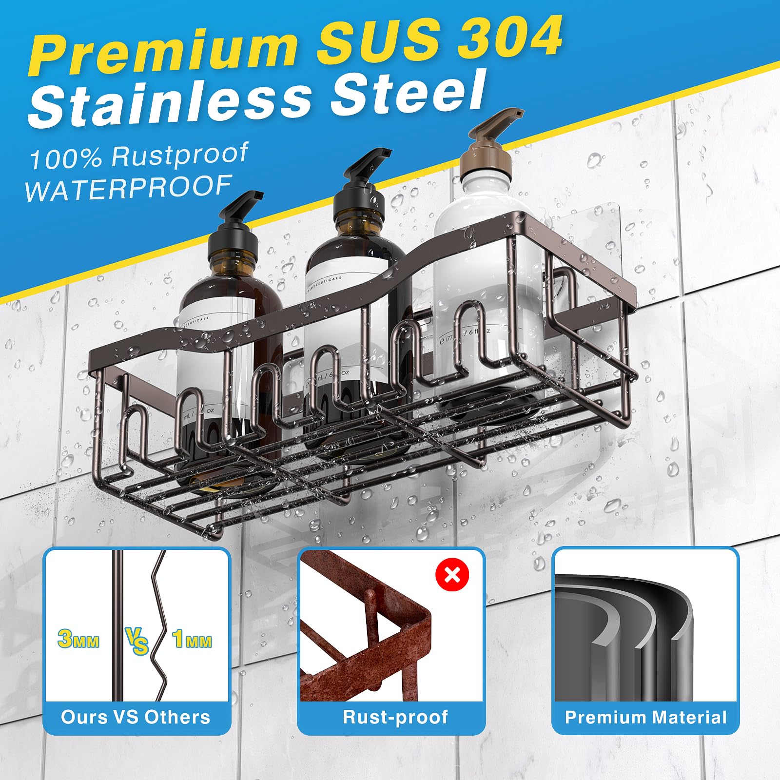 EUDELE Adhesive Shower Caddy, 5 Pack Rustproof Stainless Steel Bath Organizers With Large Capacity, No Drilling Shelves for Bathroom Storage & Home Decor