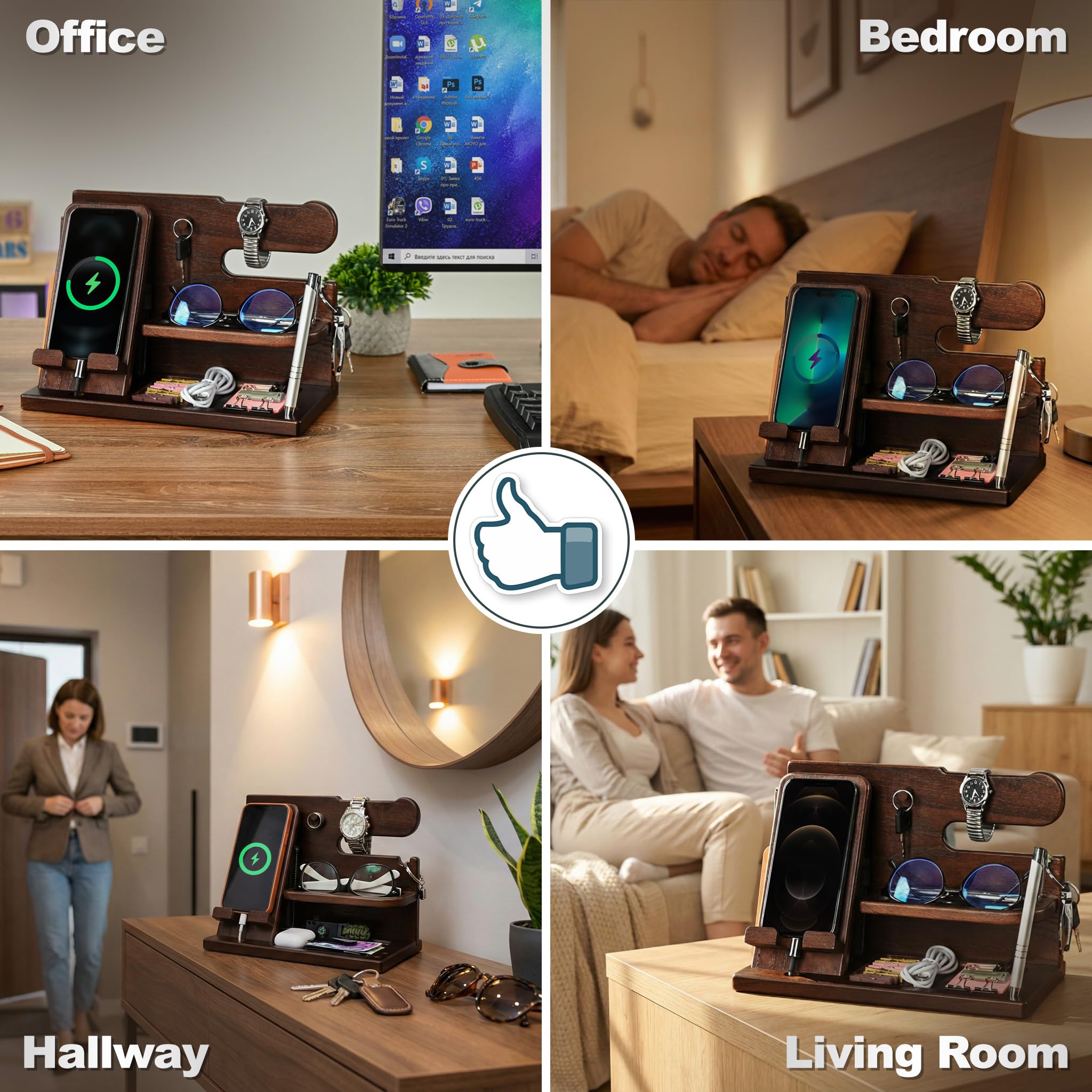 TESLYAR Wood Phone Docking Station for Men - Desk or Nightstand Organizer - Birthday Gifts for Husband, Dad - Anniversary Idea from Wife - Key Holder, Stand Wallet, Watch & Essentials (Bourbon Brown)