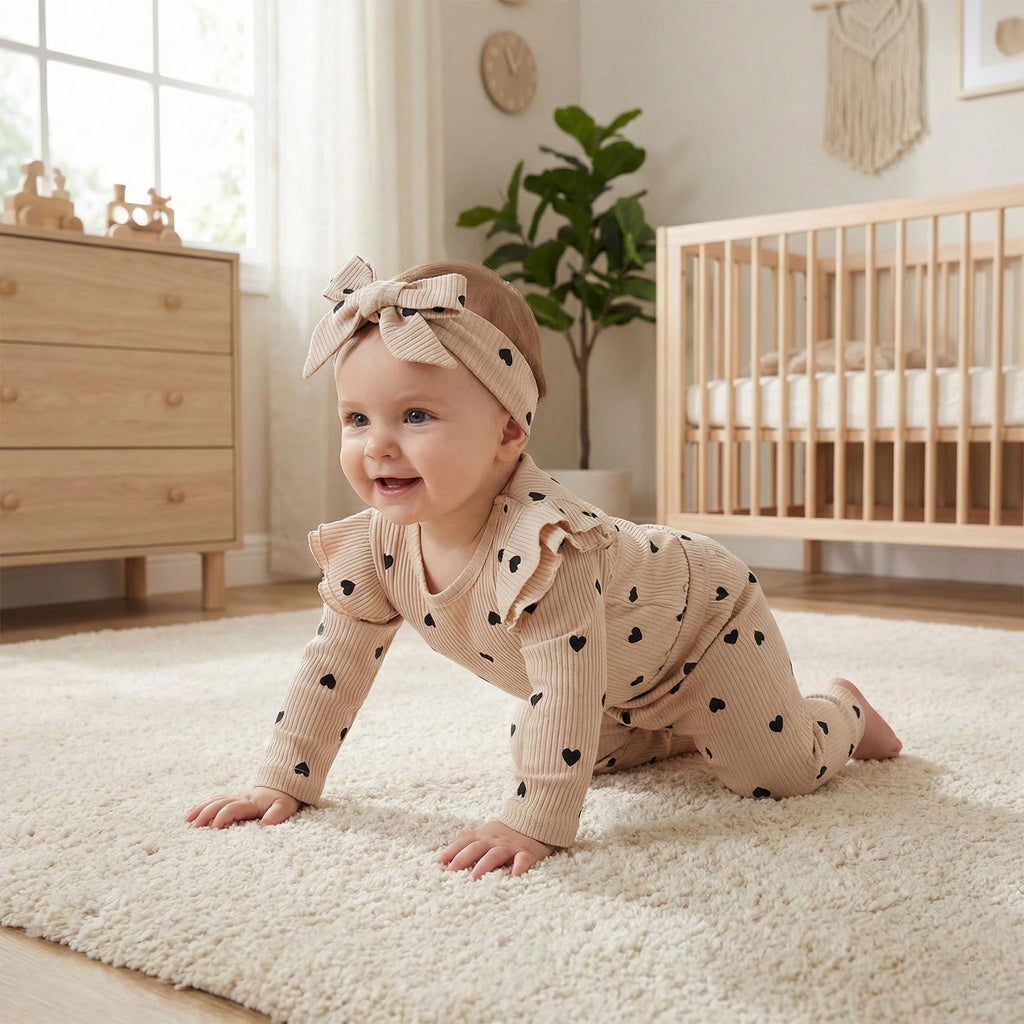 Fullfamous Baby Girl's 3pc Rib Frill Long Sleeve Romper and Pant Set