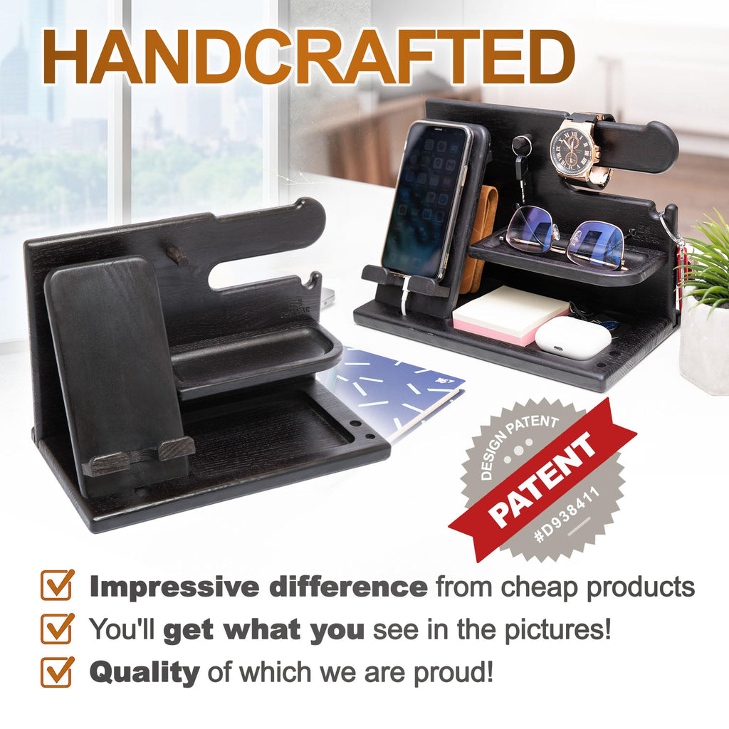 TESLYAR Wood Phone Docking Station for Men - Desk or Nightstand Organizer - Birthday Gifts for Husband, Dad - Anniversary Idea from Wife - Key Holder, Stand Wallet, Watch & Essentials (Bourbon Brown)