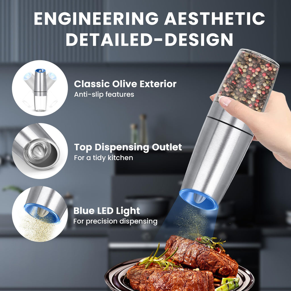 UNNEES Gravity Electric Salt and Pepper Grinder set of 2, Automatic Salt And Pepper Grinder Set, Adjustable Roughness, Battery Powered, LED Light, 2 Pack, (Black)